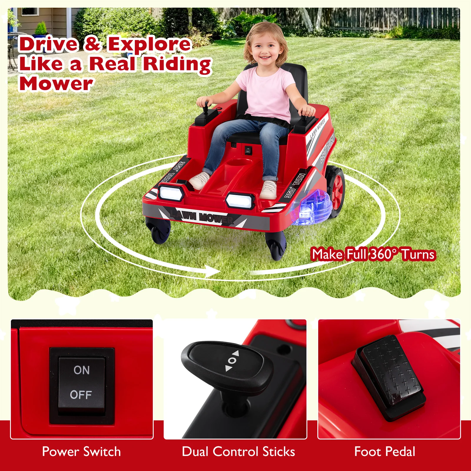 12V Ride on Lawn Mower for Kids with Dual Control Sticks and LED Lights - Image 14