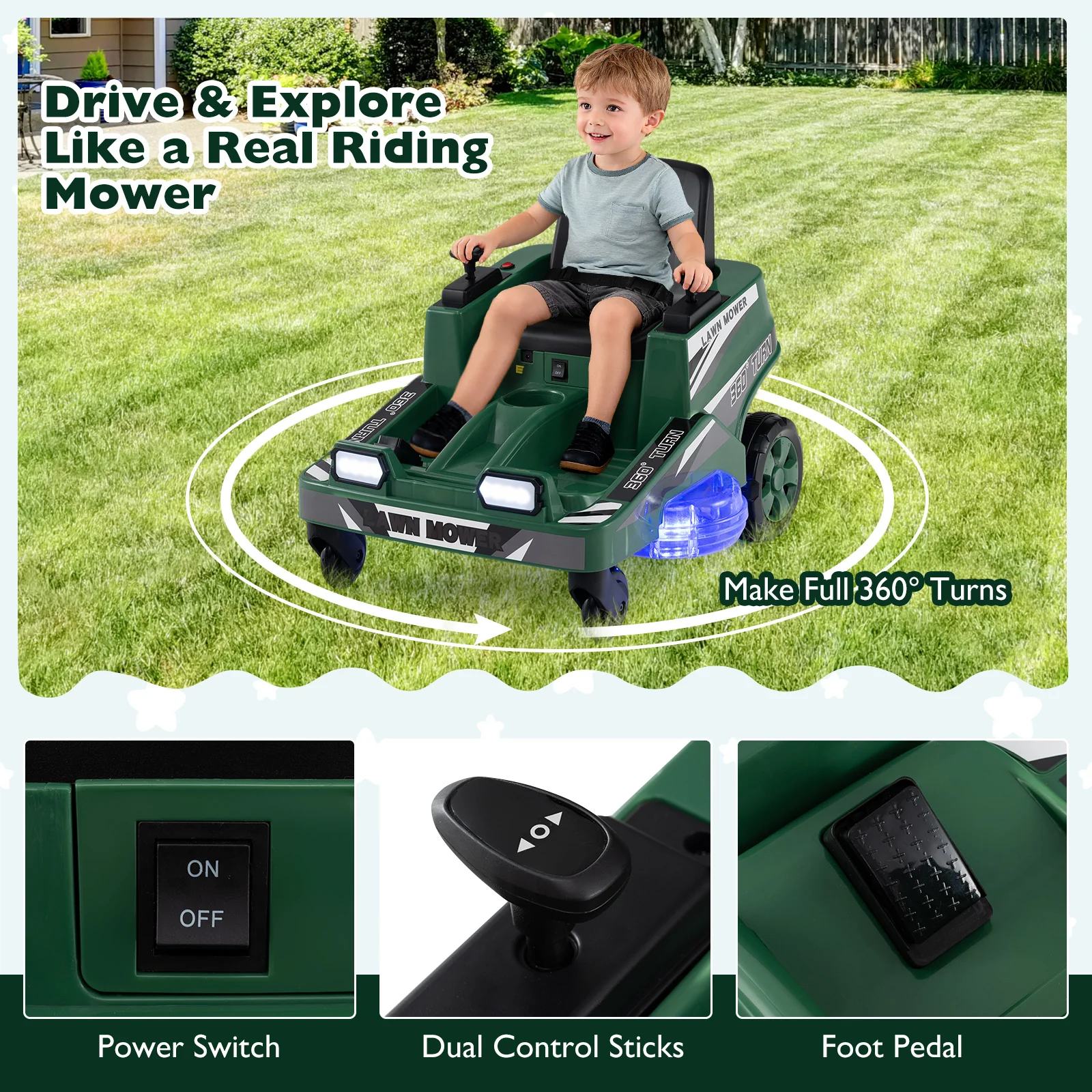 12V Ride on Lawn Mower for Kids with Dual Control Sticks and LED Lights - Image 6