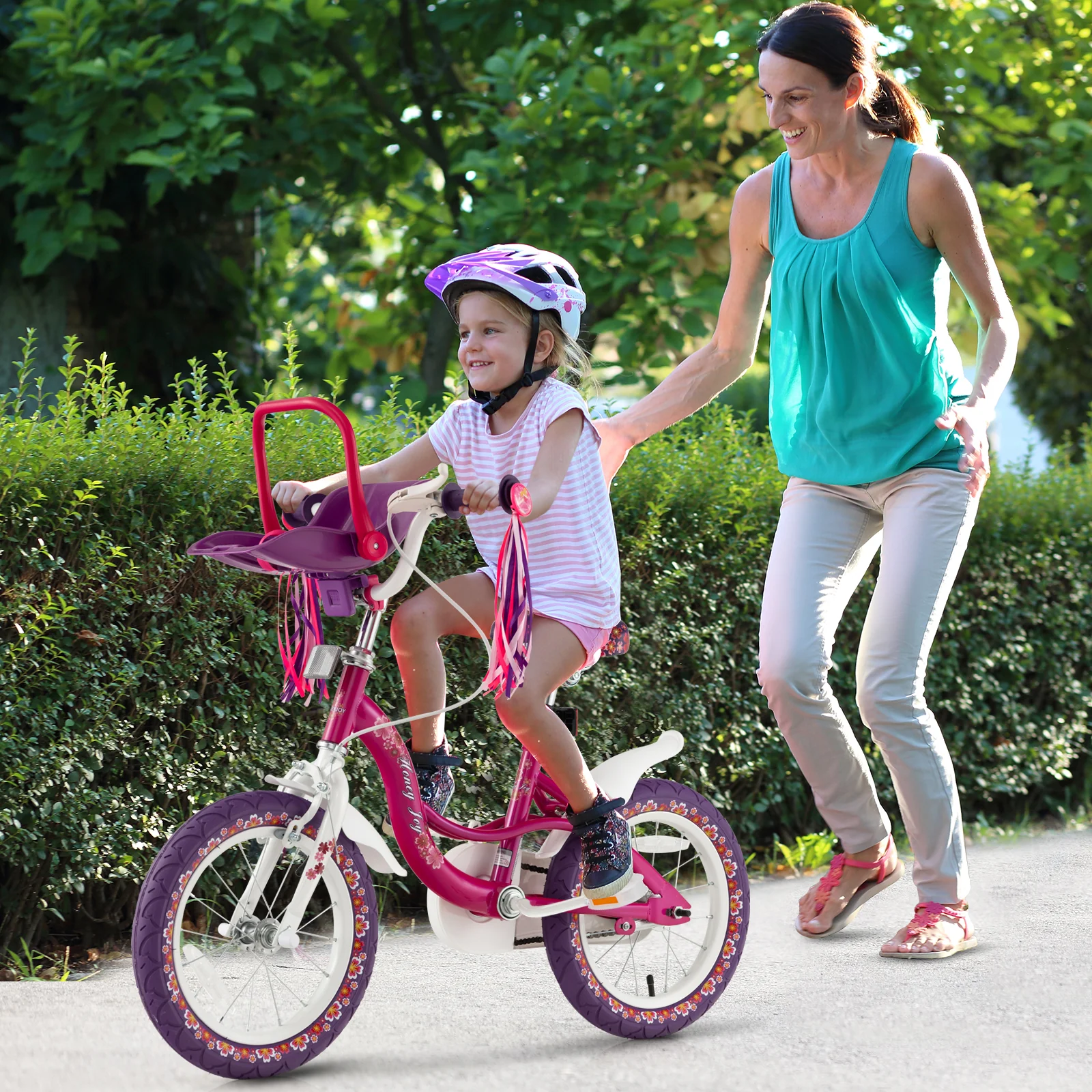 14 Inch Kids Bike with Doll Seat and Removable Training Wheels