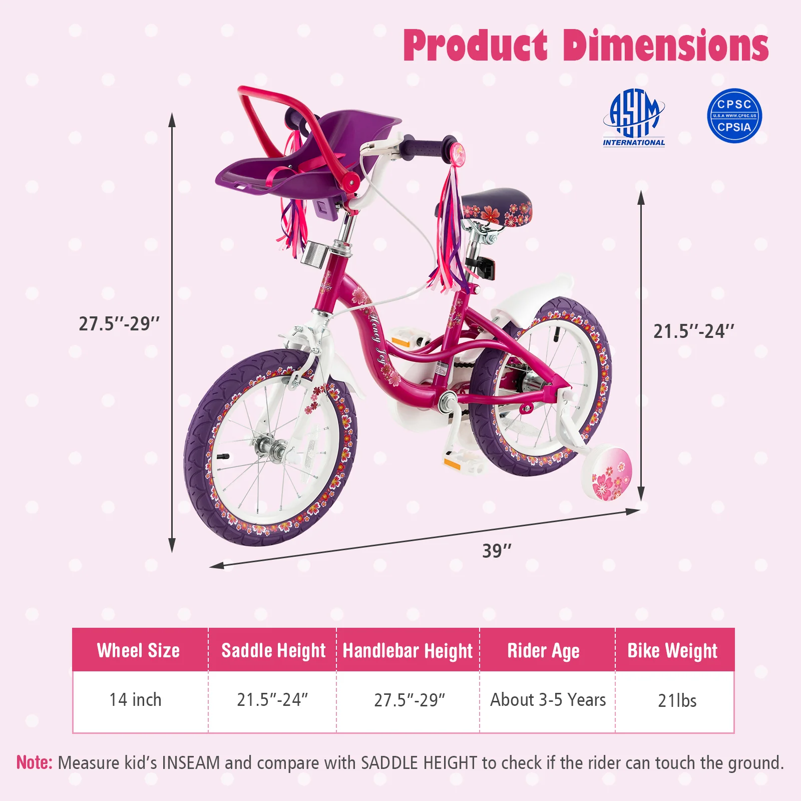 14 Inch Kids Bike with Doll Seat and Removable Training Wheels - Image 4