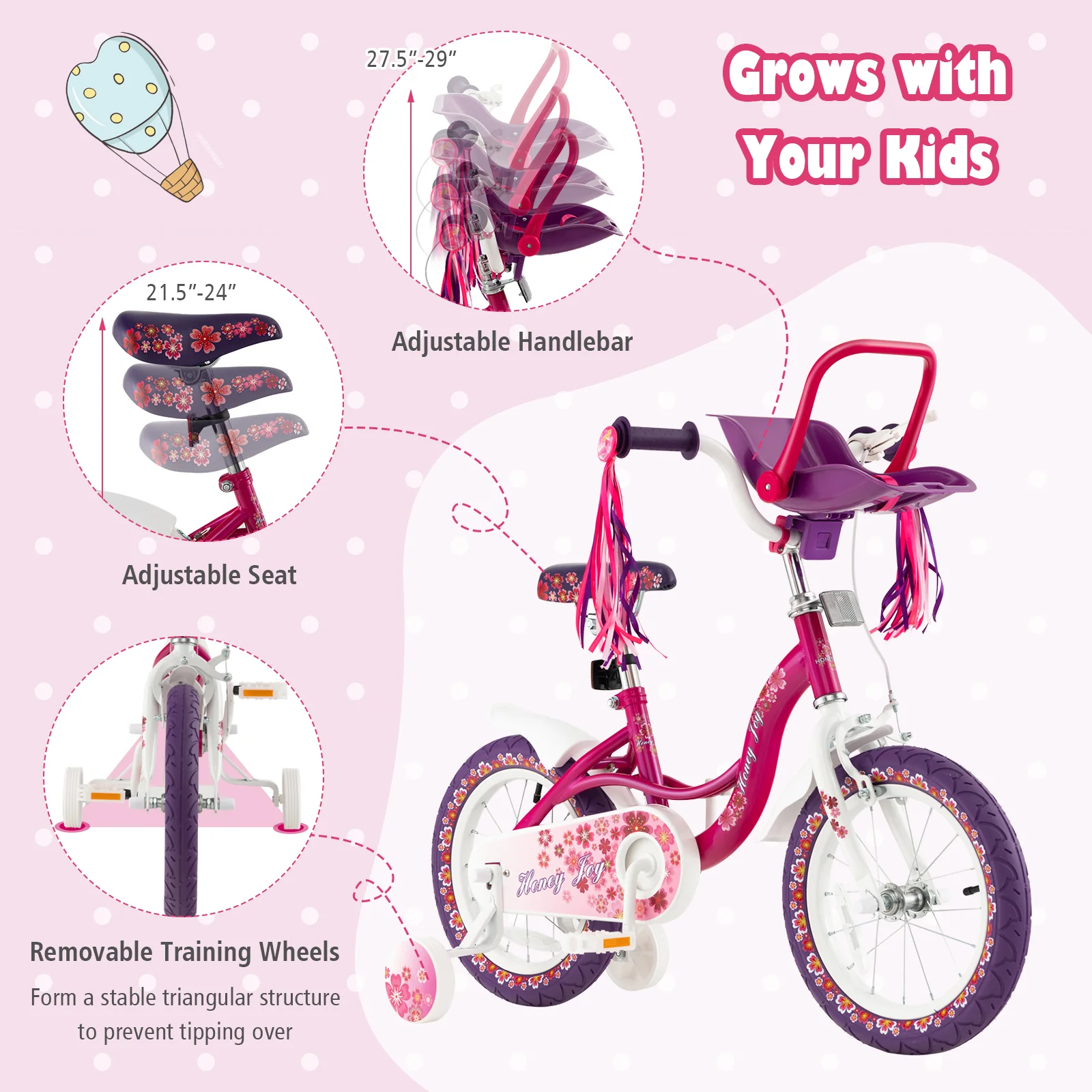 14 Inch Kids Bike with Doll Seat and Removable Training Wheels - Image 6
