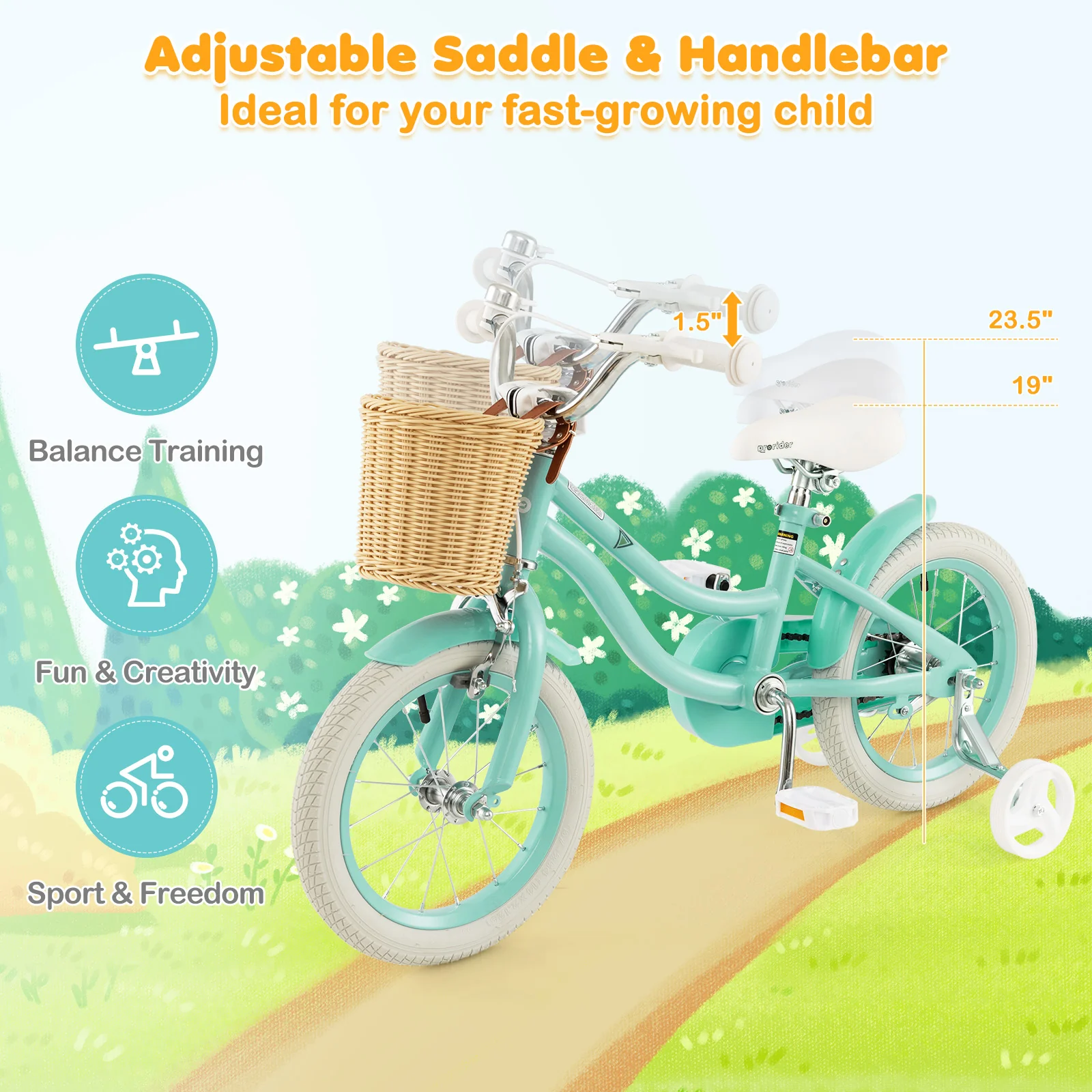 14-Inch Kids Bike with Training Wheels and Adjustable Handlebar Seat - Image 14