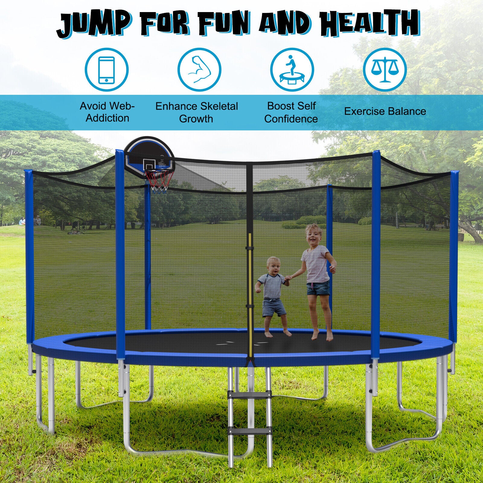 15/16 Feet Outdoor Recreational Trampoline with Enclosure Net