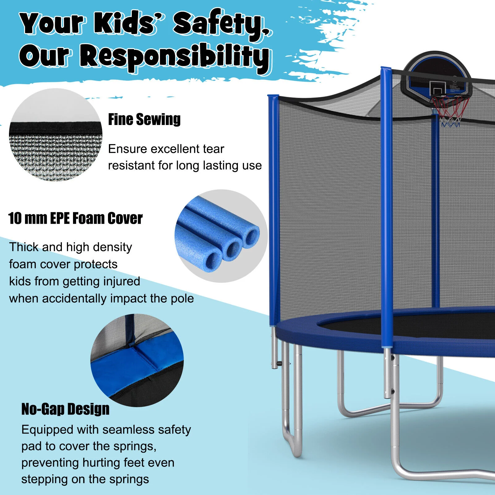 15/16 Feet Outdoor Recreational Trampoline with Enclosure Net - Image 16