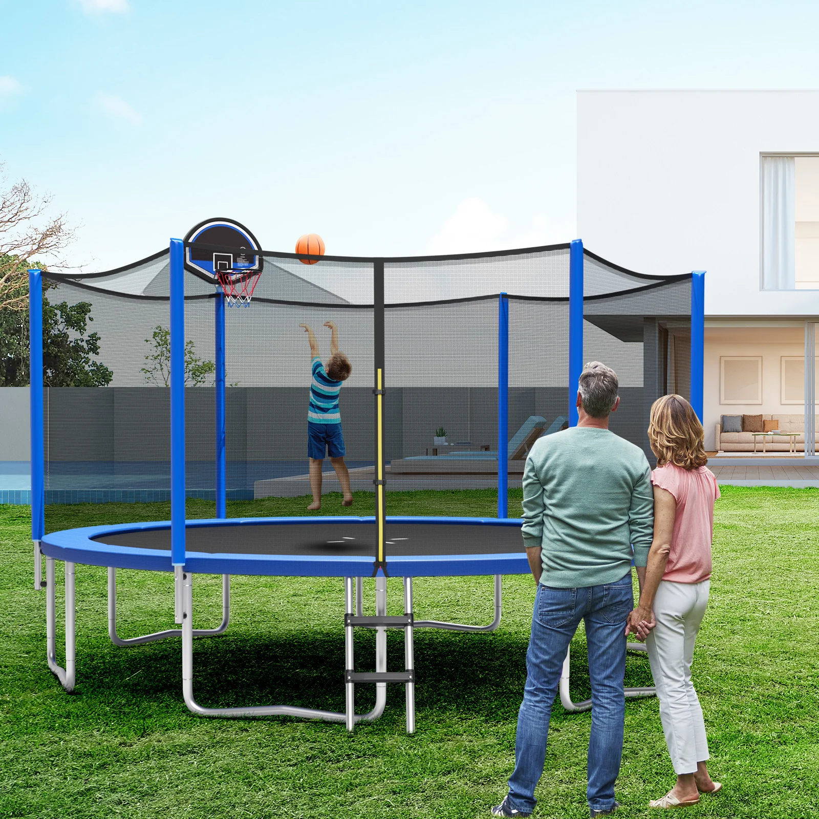 15/16 Feet Outdoor Recreational Trampoline with Enclosure Net - Image 17