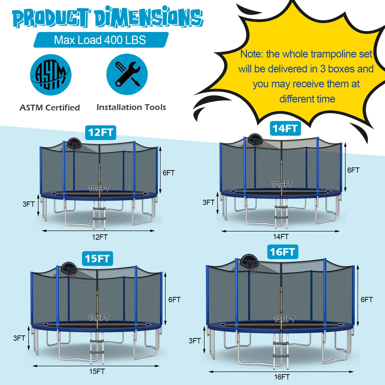 15/16 Feet Outdoor Recreational Trampoline with Enclosure Net - Image 20