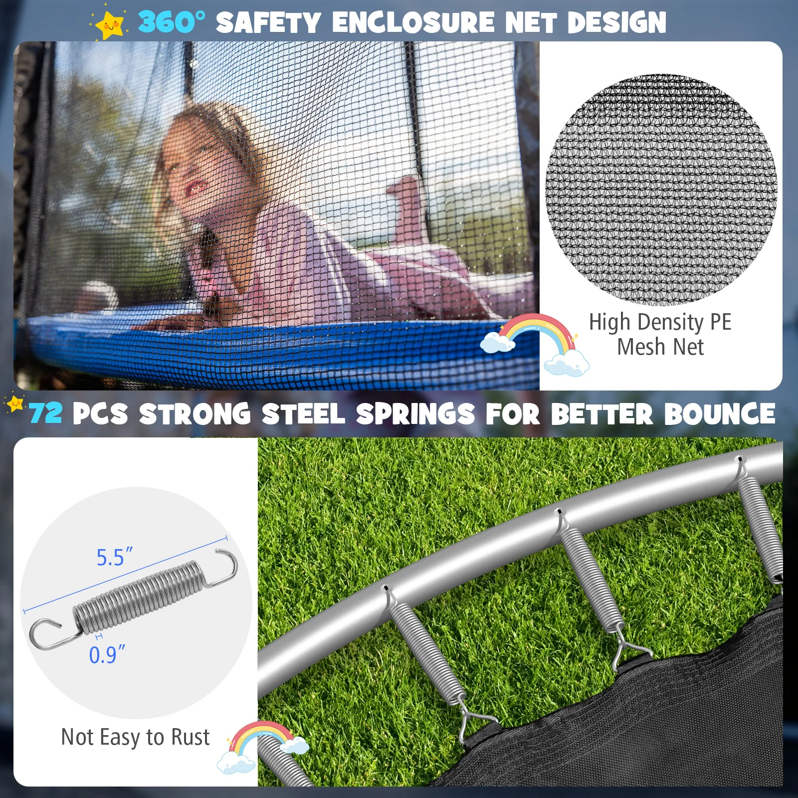 15/16 Feet Outdoor Recreational Trampoline with Enclosure Net - Image 31