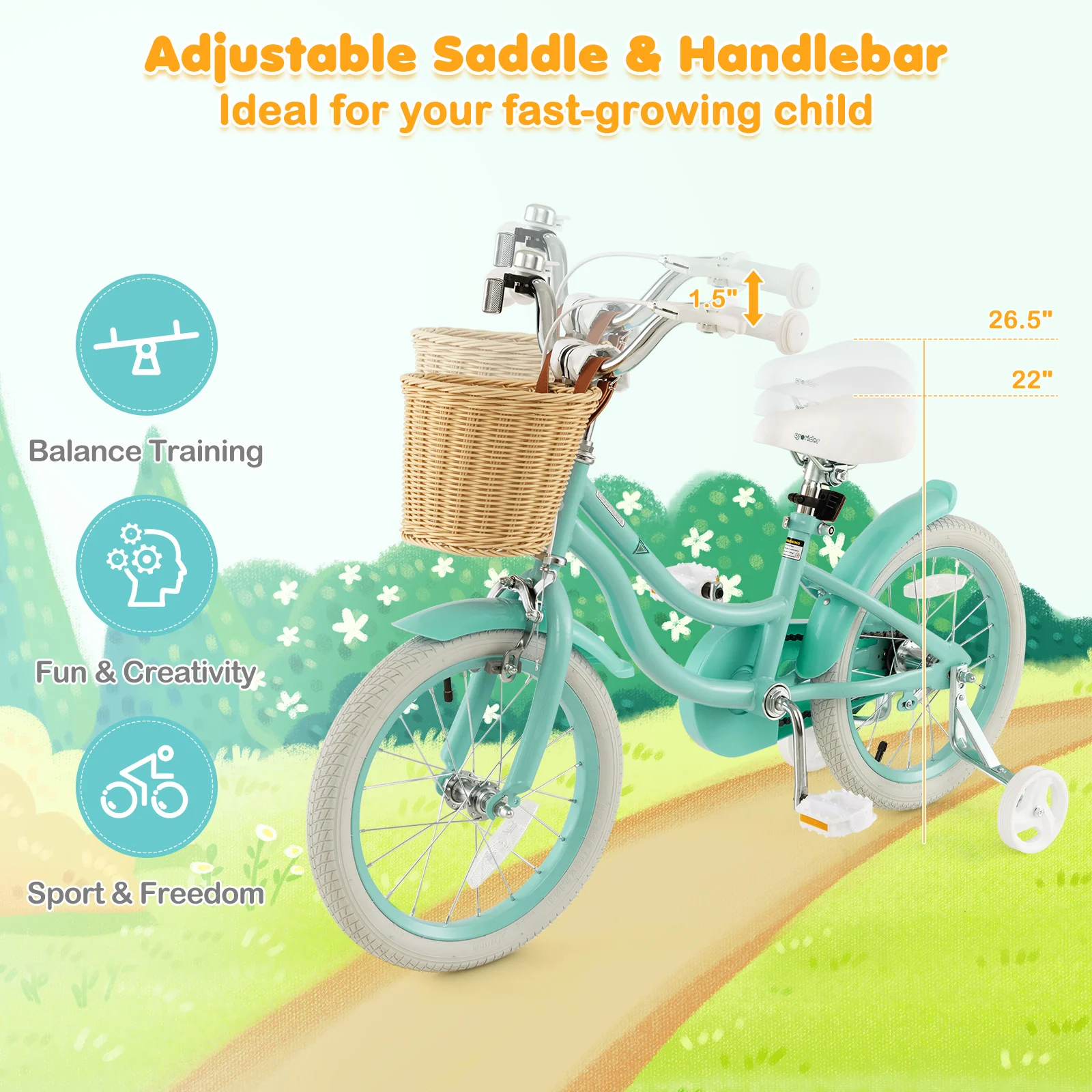 16-Inch Kids Bike with Training Wheels and Adjustable Handlebar Seat - Image 14