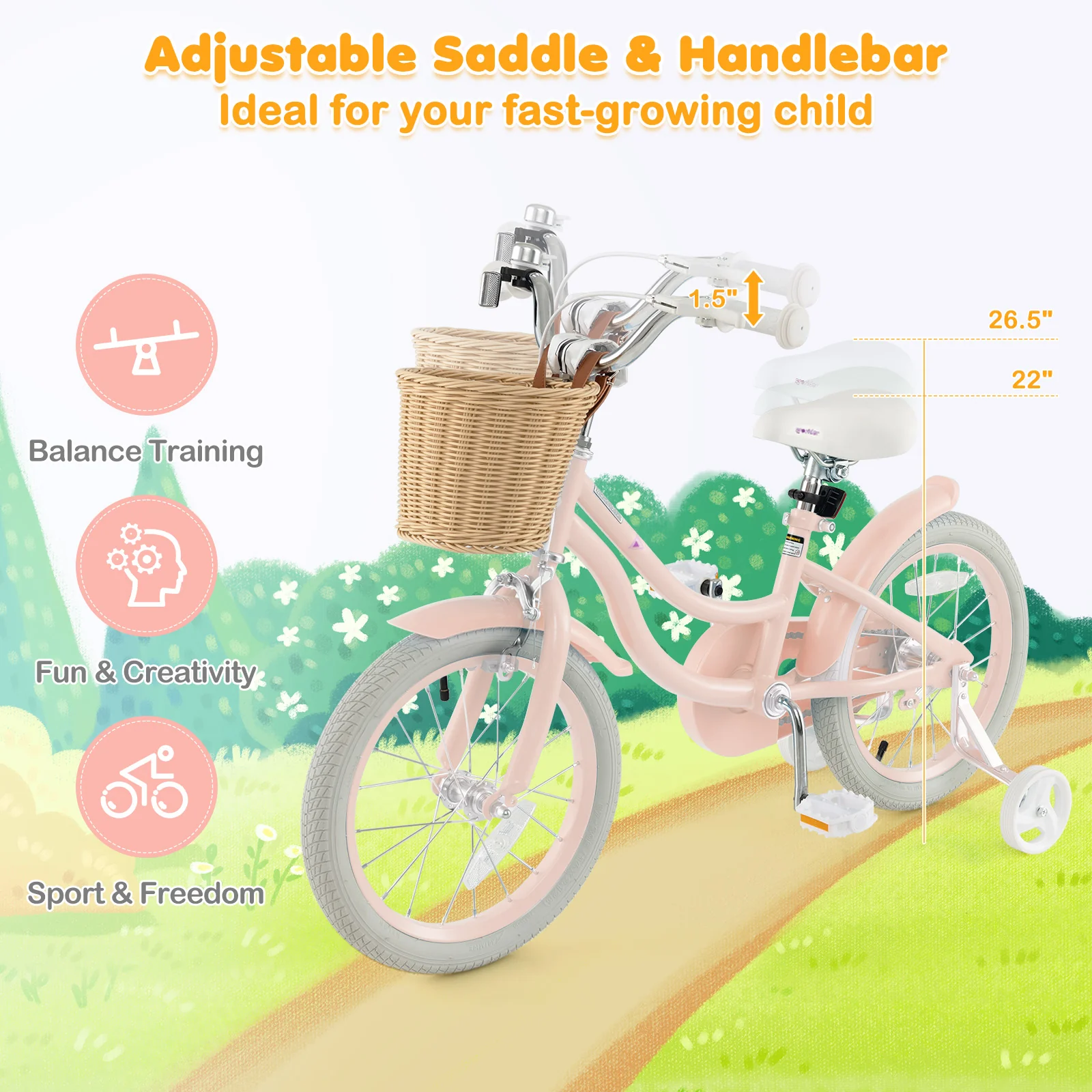16-Inch Kids Bike with Training Wheels and Adjustable Handlebar Seat - Image 6