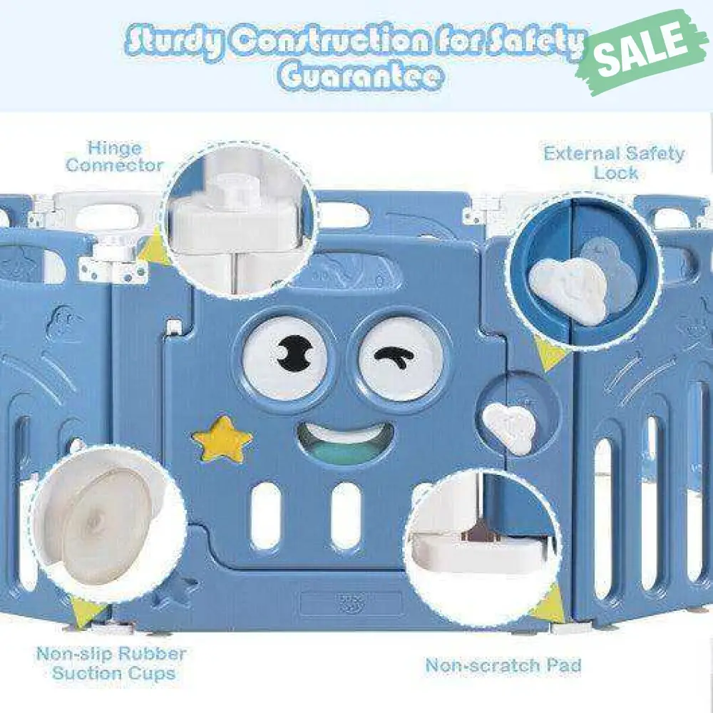 16-Panel Foldable Baby Playpen Kids Activity Centre-Blue - Image 7