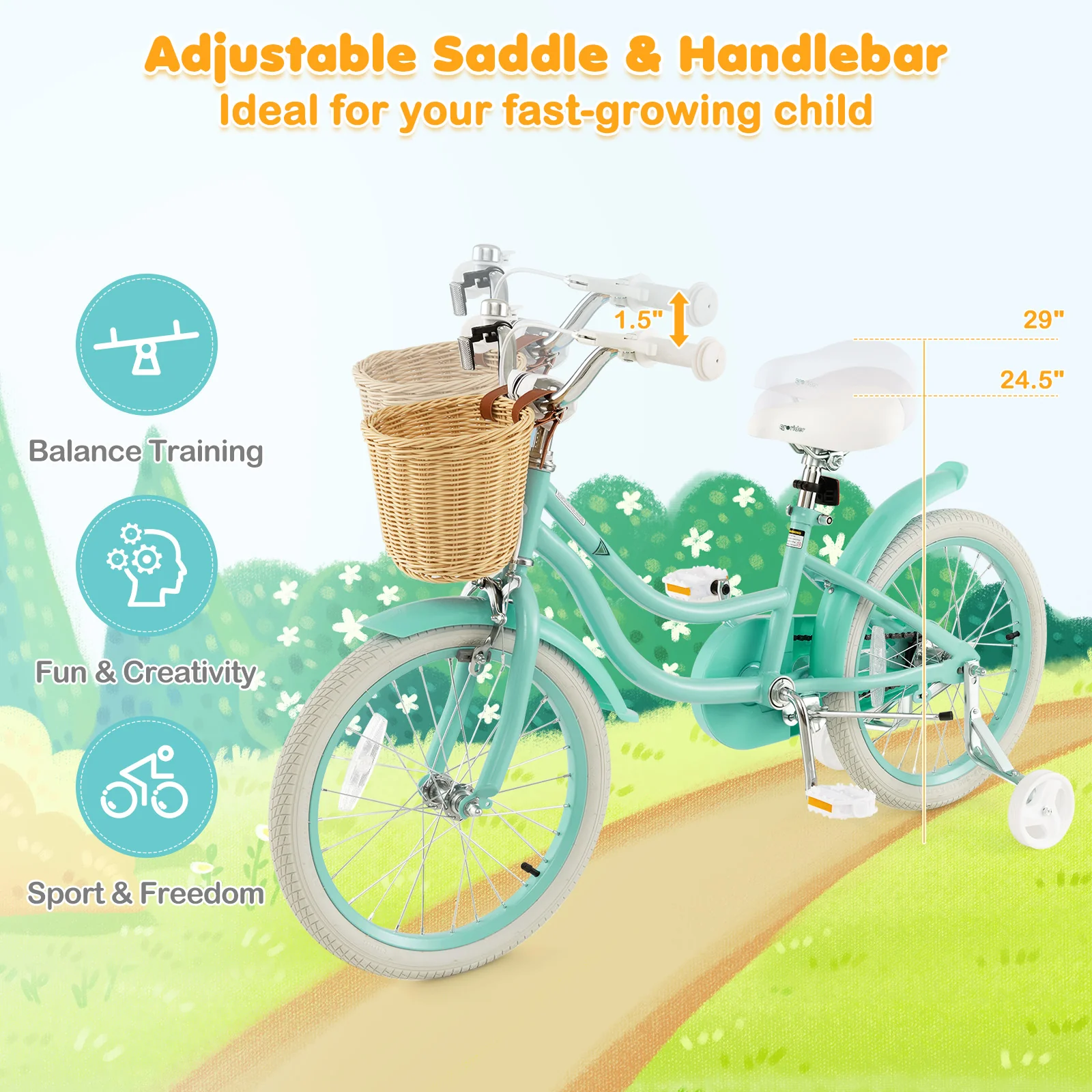 18-Inch Kids Bike with Training Wheels and Adjustable Handlebar Seat - Image 14