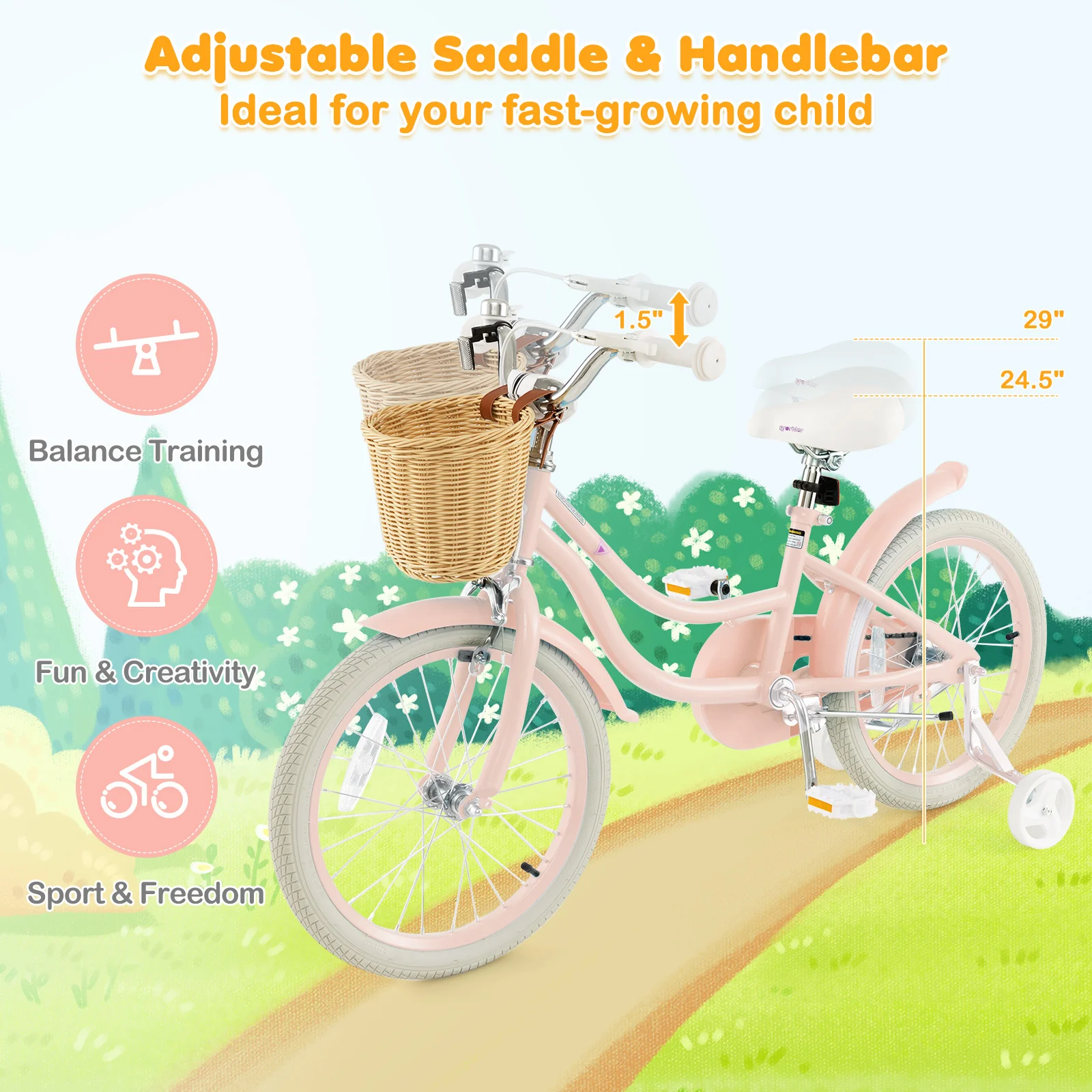 18-Inch Kids Bike with Training Wheels and Adjustable Handlebar Seat - Image 22