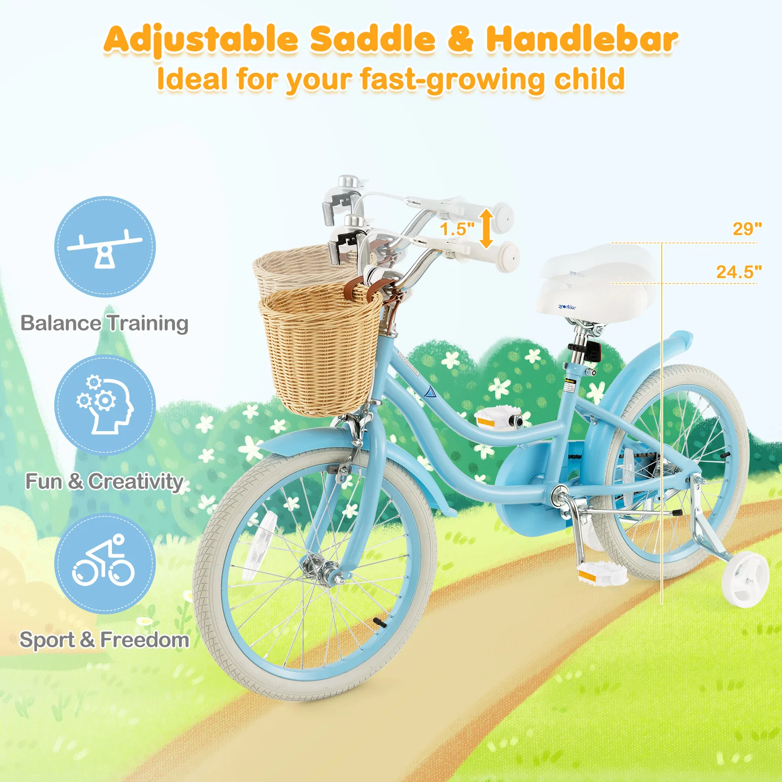 18-Inch Kids Bike with Training Wheels and Adjustable Handlebar Seat - Image 6