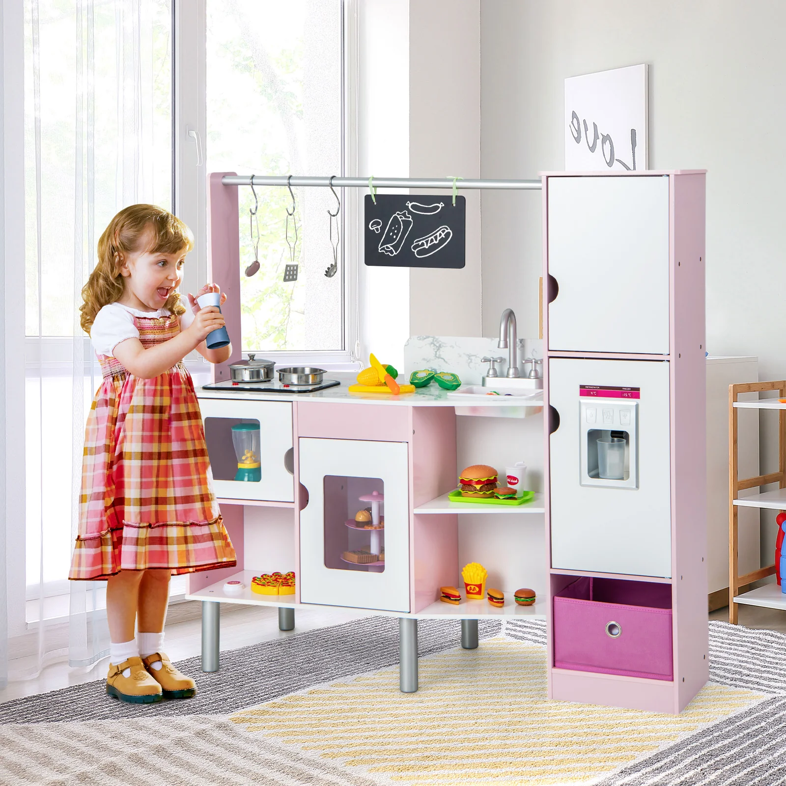 2-in-1 Double-sided Kids Kitchen and Market with Realistic Light and Sound-Pink - Image 2