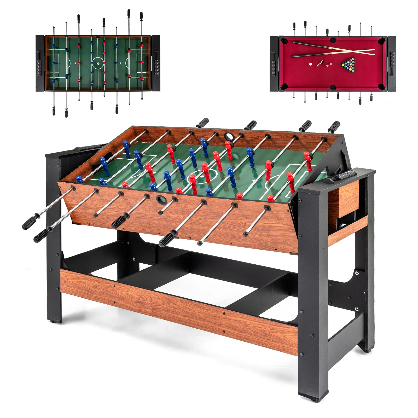 2-in-1 Full Size Foosball and Pool Combo Table with Legs-Black & Brown - Image 3