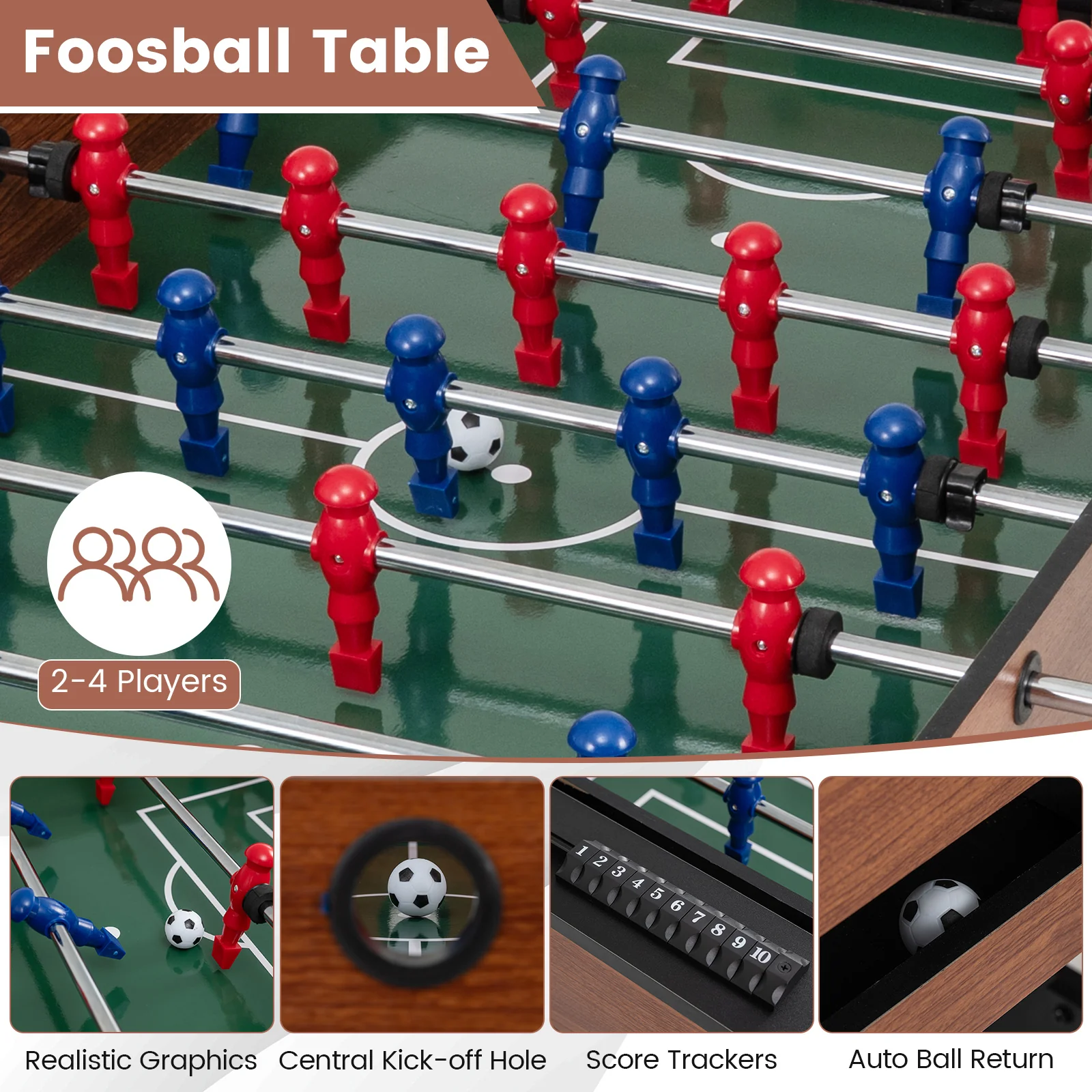 2-in-1 Full Size Foosball and Pool Combo Table with Legs-Black & Brown - Image 6