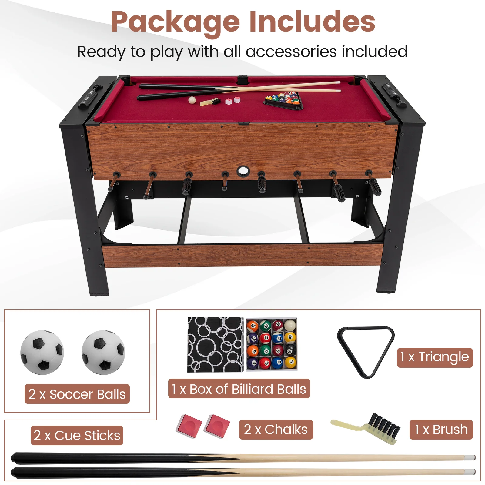 2-in-1 Full Size Foosball and Pool Combo Table with Legs-Black & Brown - Image 7