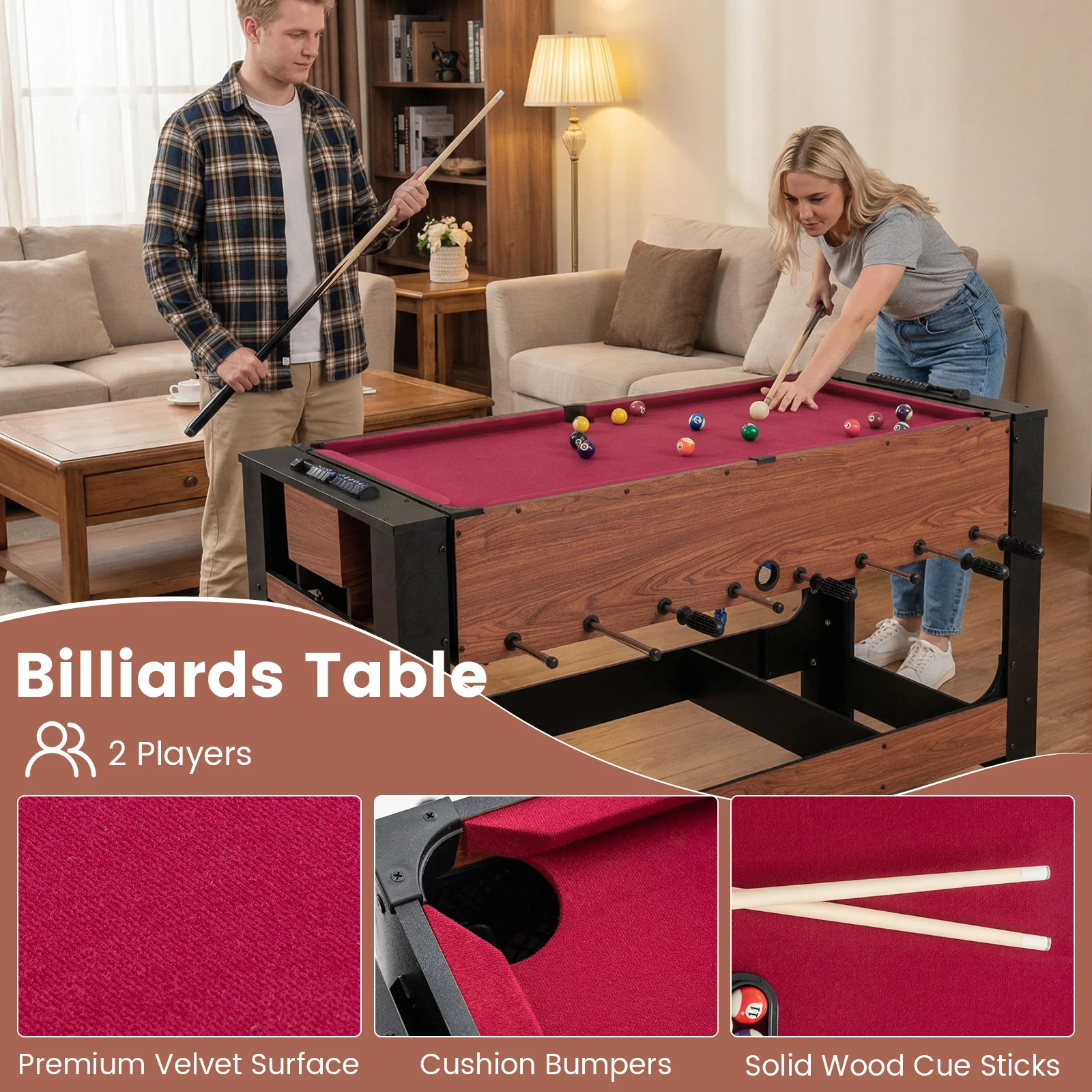 2-in-1 Full Size Foosball and Pool Combo Table with Legs-Black & Brown - Image 8