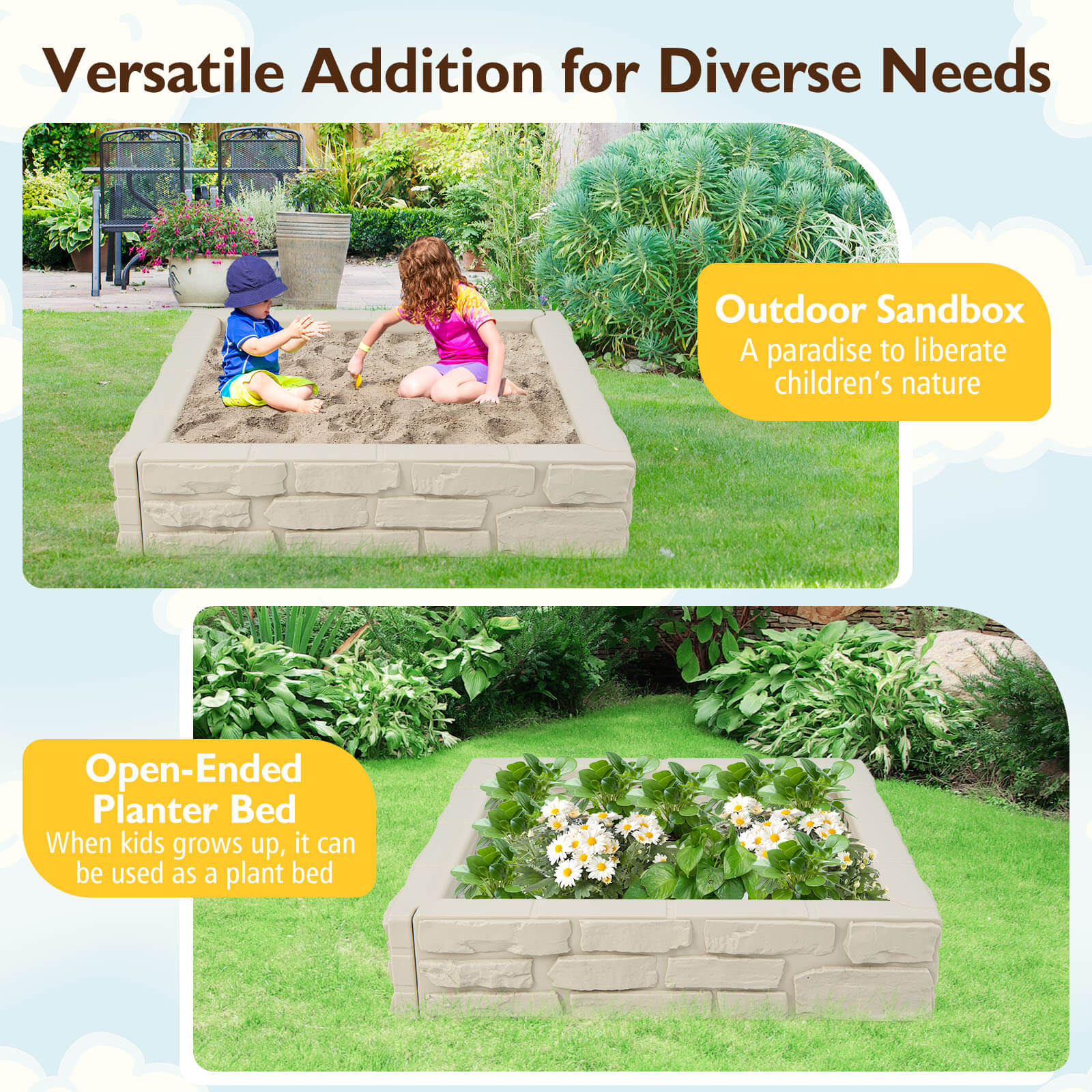 2-In-1 HDPE Kids Sandbox with Cover and Bottom Liner - Image 15