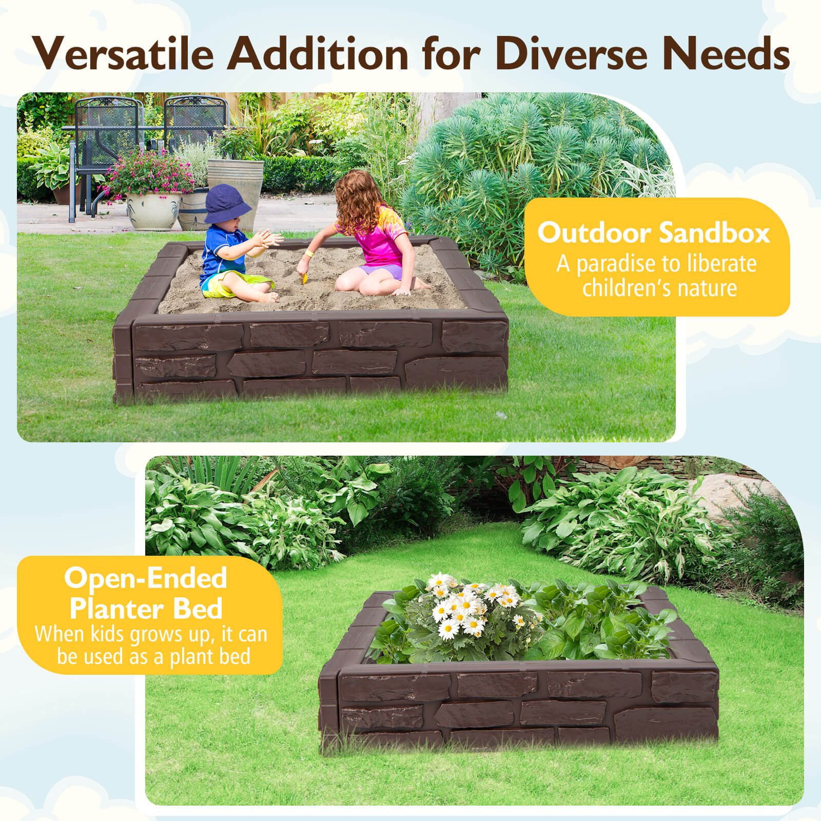 2-In-1 HDPE Kids Sandbox with Cover and Bottom Liner - Image 7