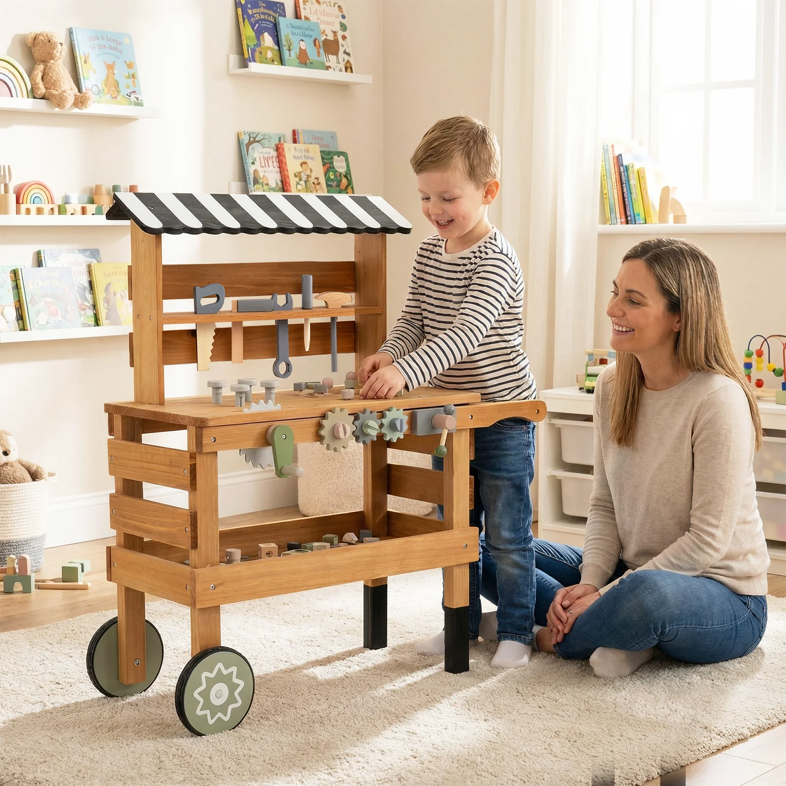 2-in-1 Kids Rolling Cart with Play Tools Set for Construction Play-Brown - Image 2