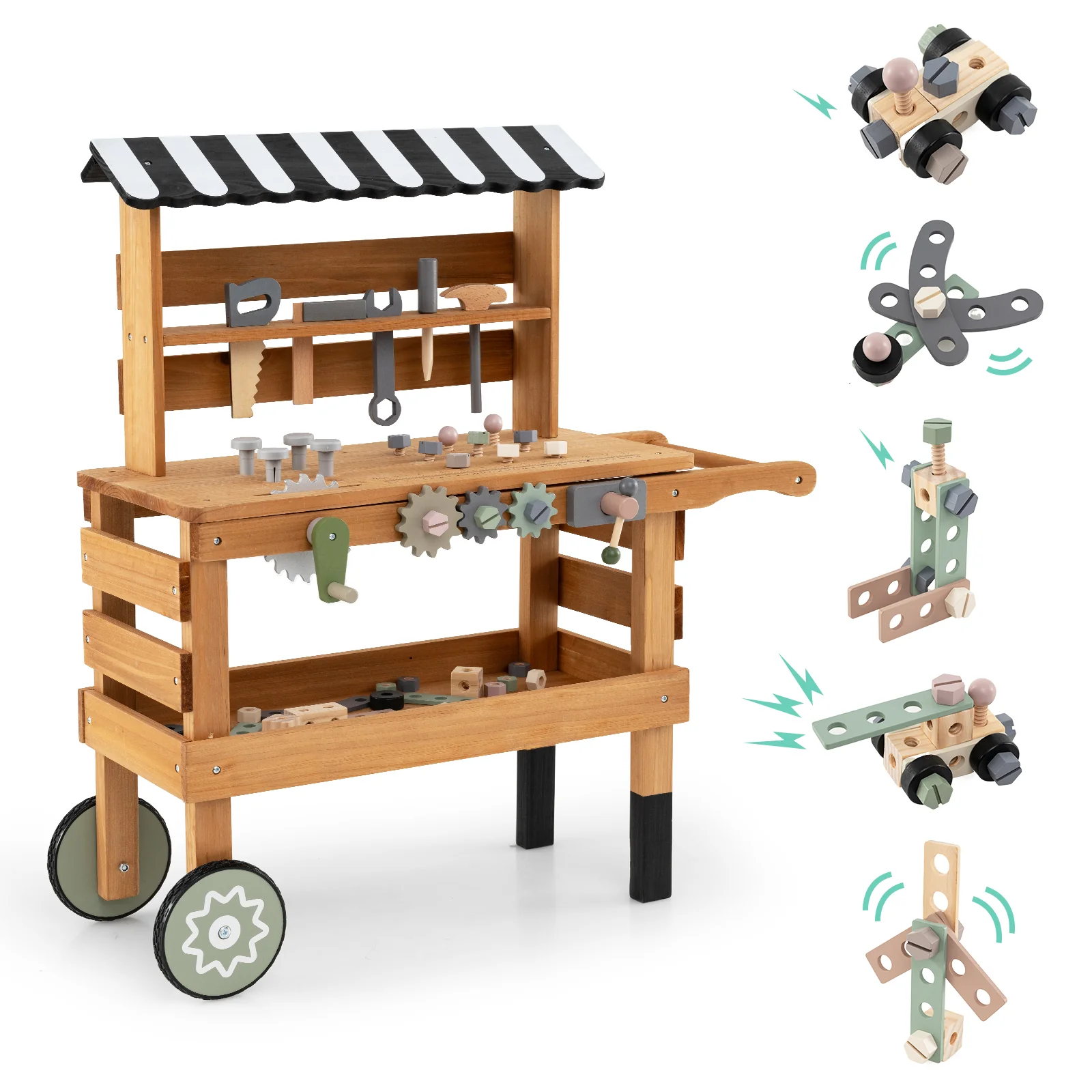 2-in-1 Kids Rolling Cart with Play Tools Set for Construction Play-Brown - Image 3