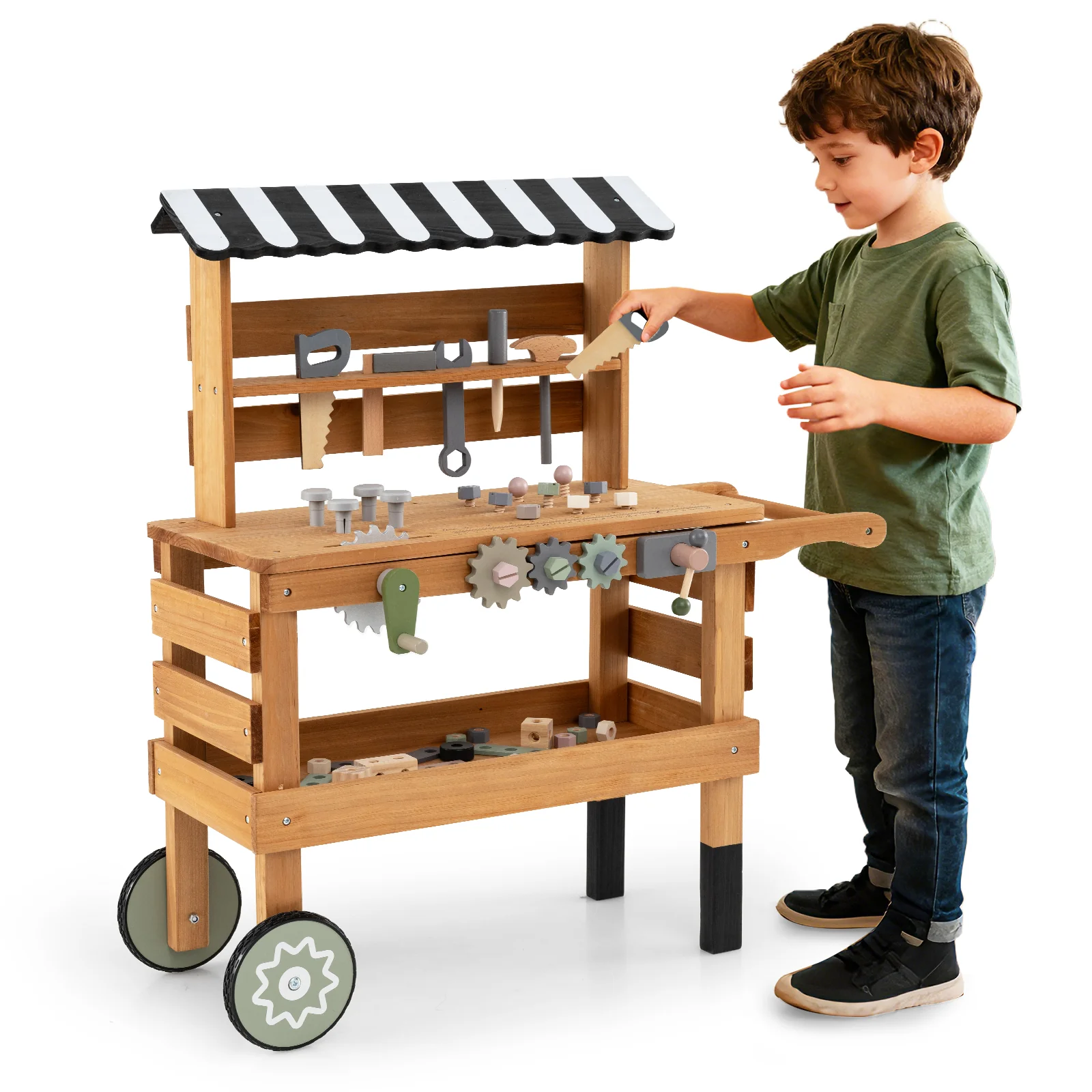 2-in-1 Kids Rolling Cart with Play Tools Set for Construction Play-Brown - Image 4