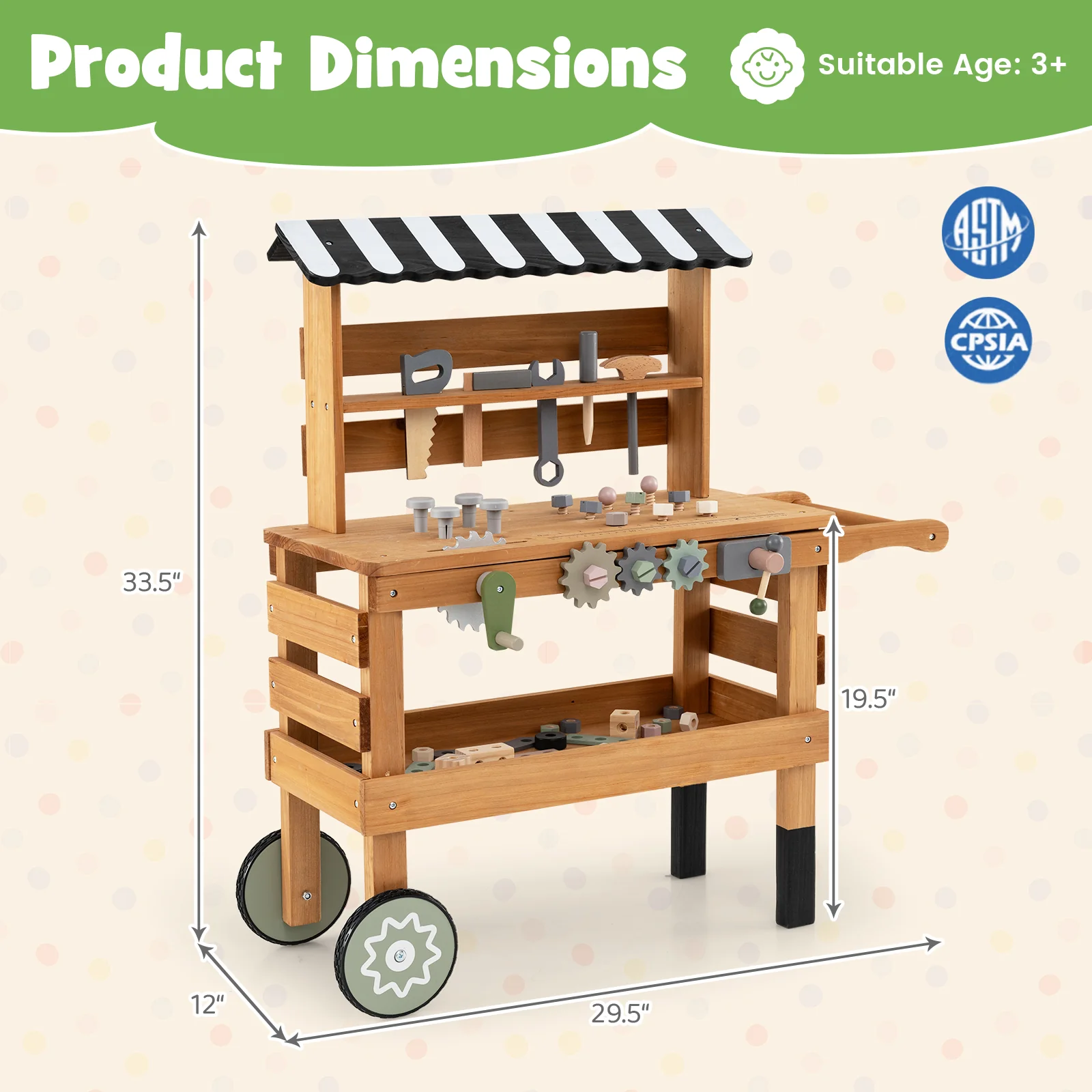 2-in-1 Kids Rolling Cart with Play Tools Set for Construction Play-Brown - Image 5