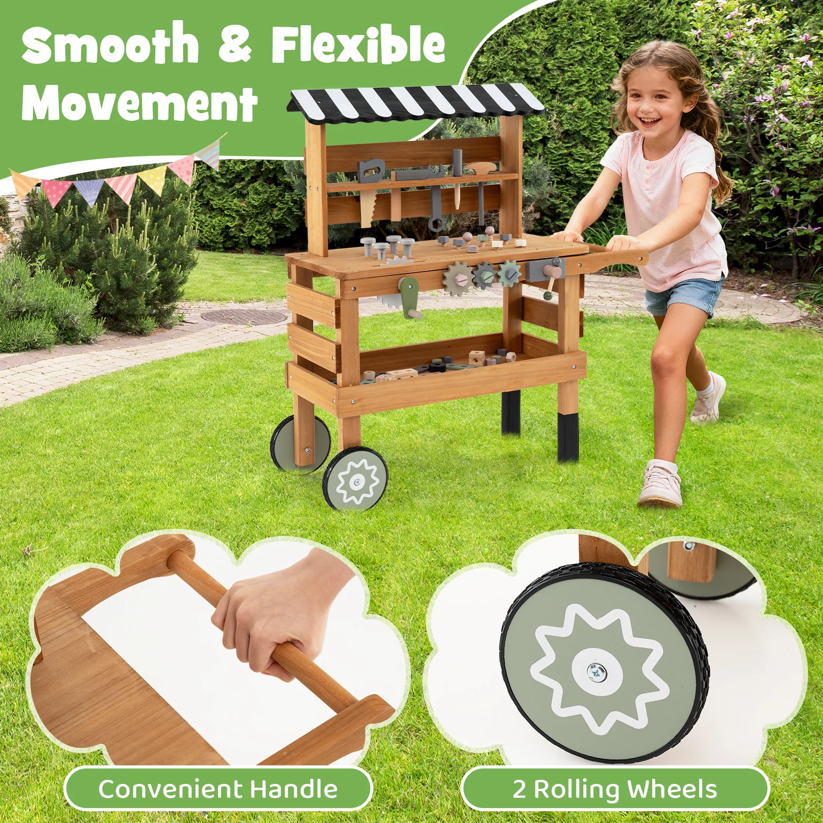2-in-1 Kids Rolling Cart with Play Tools Set for Construction Play-Brown - Image 8
