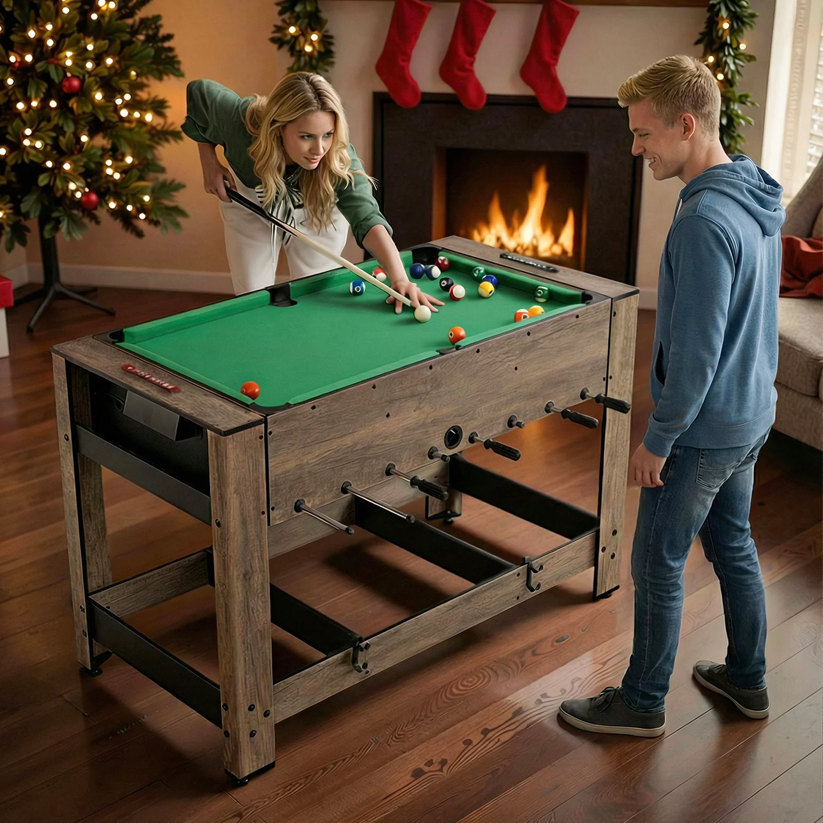 2-in-1 Swivel Foosball and Pool Combo Game Table -Natural - Image 2