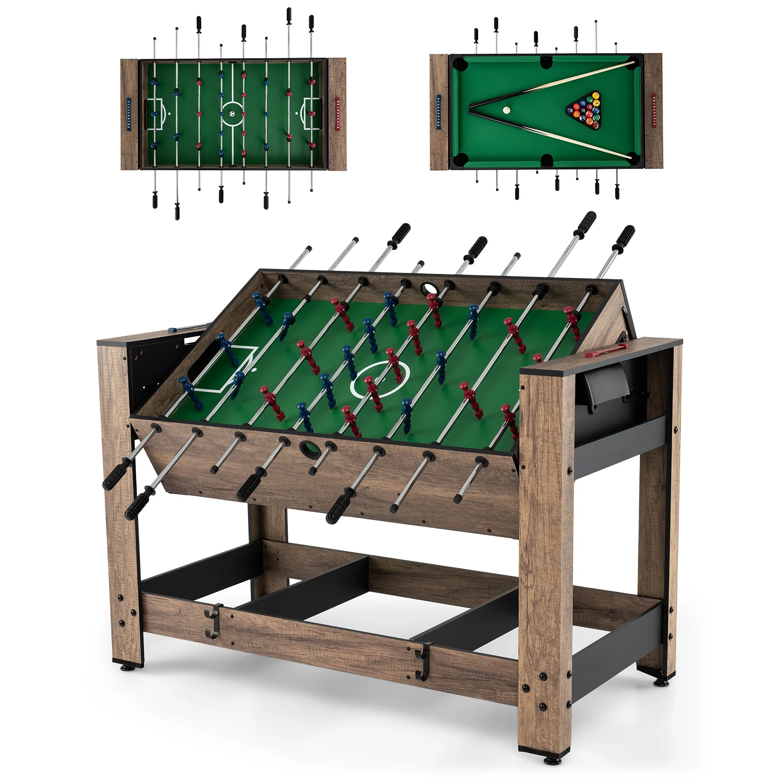 2-in-1 Swivel Foosball and Pool Combo Game Table -Natural - Image 3