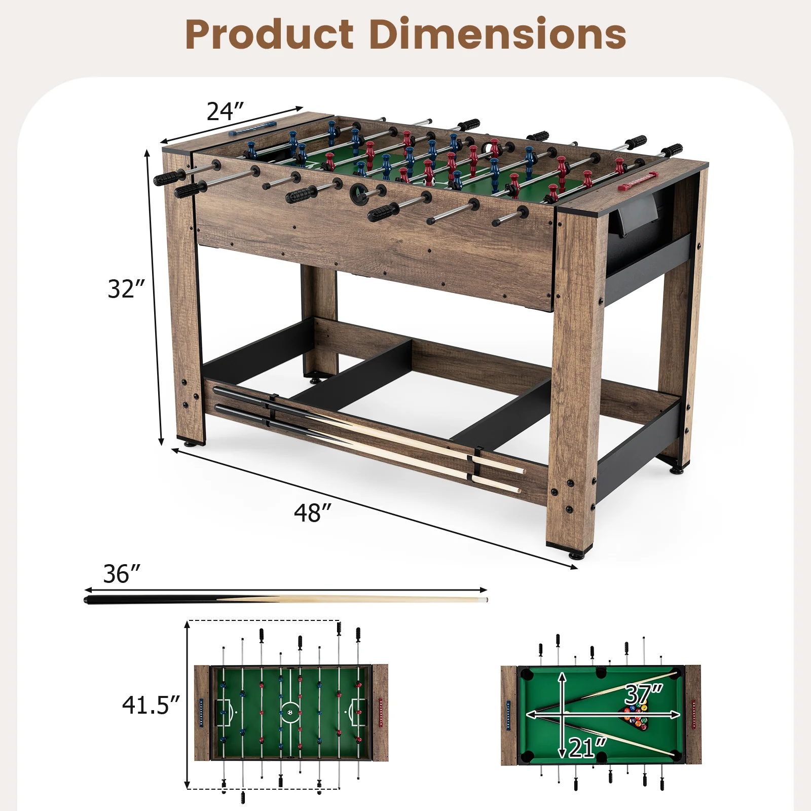 2-in-1 Swivel Foosball and Pool Combo Game Table -Natural - Image 4