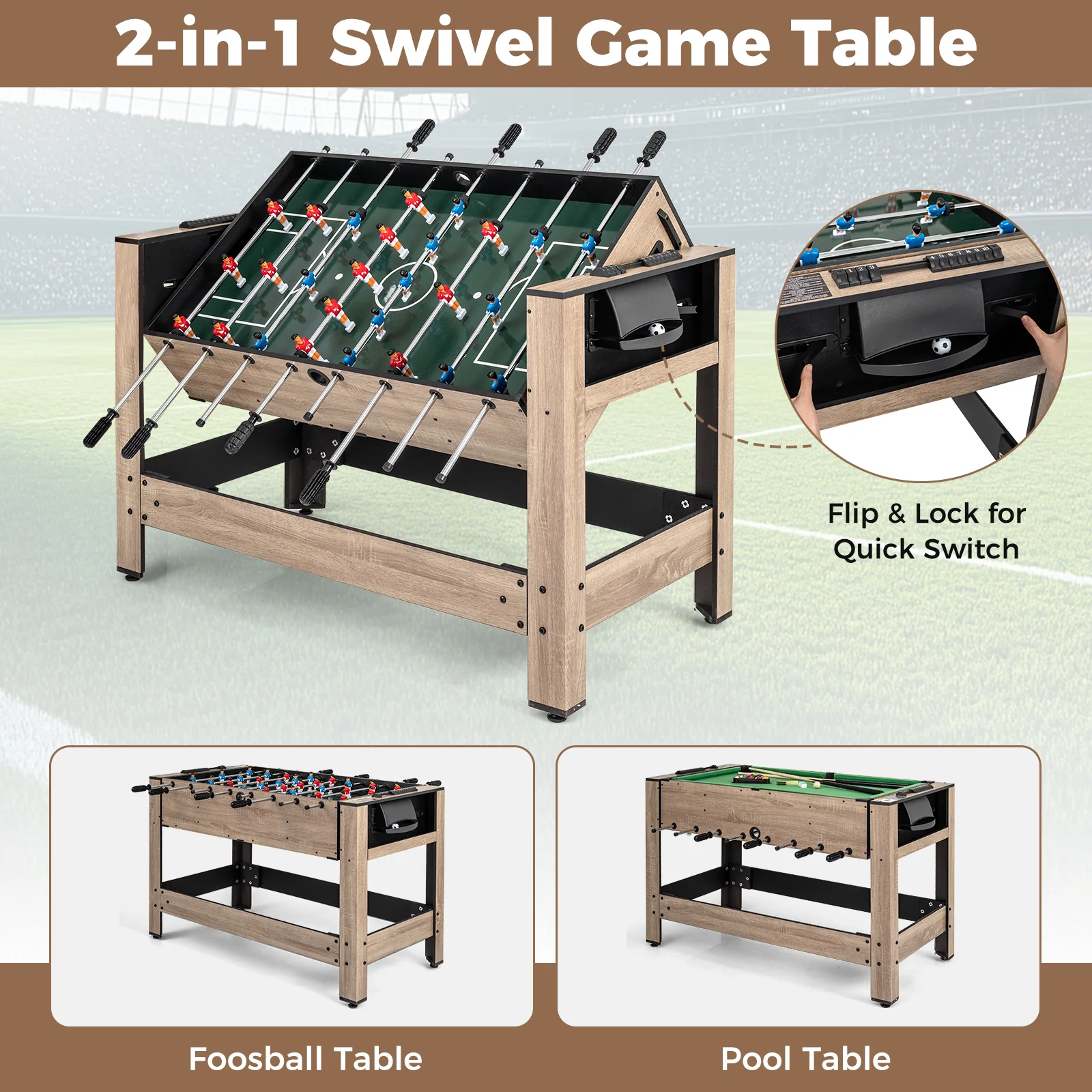 2-in-1 Swivel Game Table for Teens Adults-Brown - Image 7