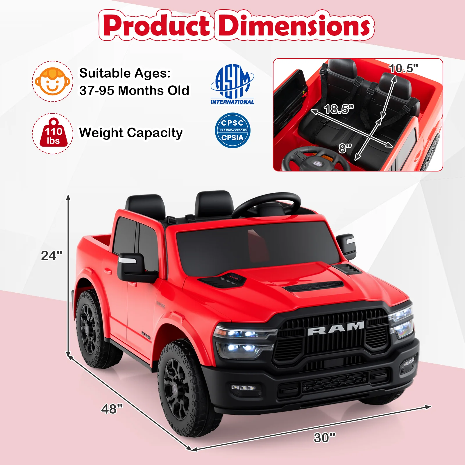 2 Seater 24V Ride on Toy for Big Kids Licensed Ram Truck with Remote and Music - Image 12