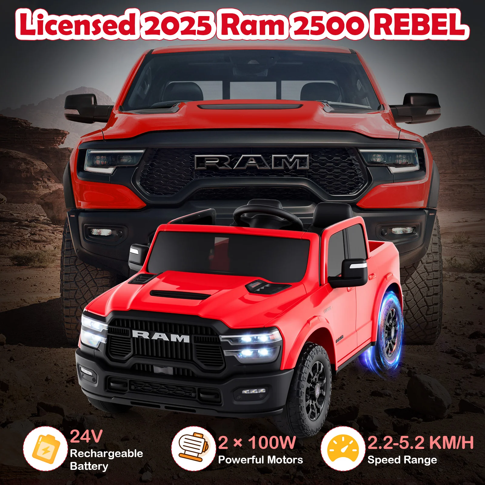 2 Seater 24V Ride on Toy for Big Kids Licensed Ram Truck with Remote and Music - Image 16