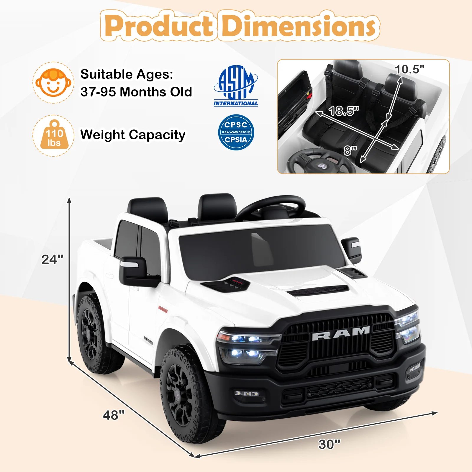 2 Seater 24V Ride on Toy for Big Kids Licensed Ram Truck with Remote and Music - Image 20