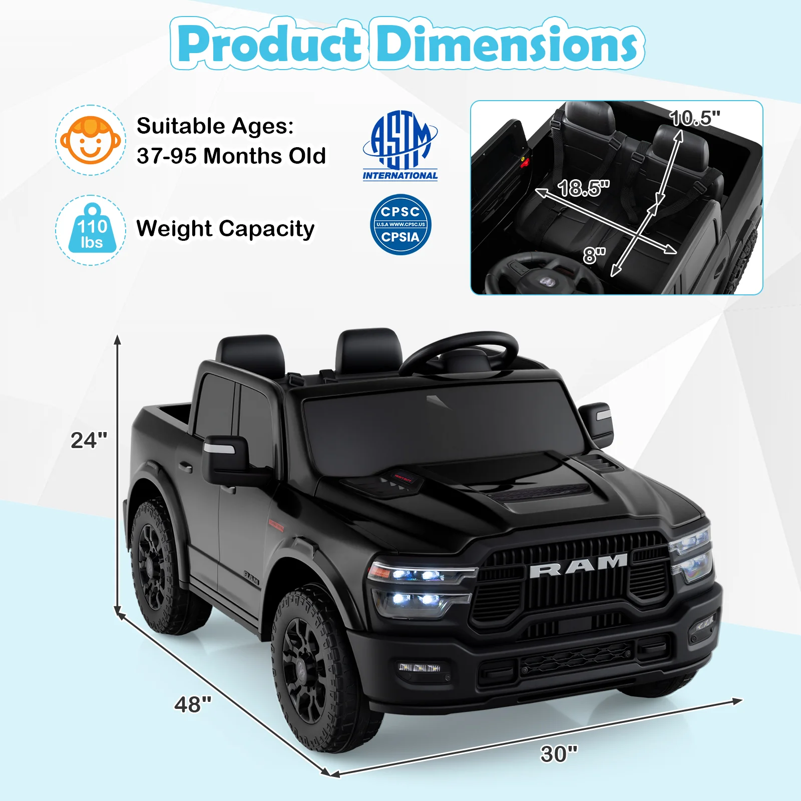 2 Seater 24V Ride on Toy for Big Kids Licensed Ram Truck with Remote and Music - Image 28
