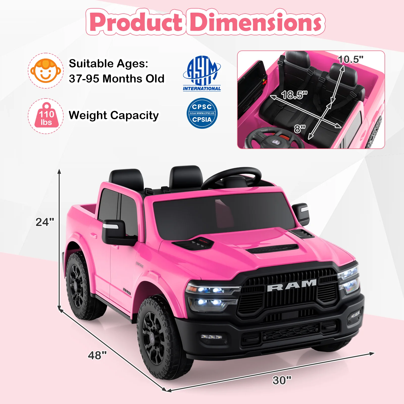 2 Seater 24V Ride on Toy for Big Kids Licensed Ram Truck with Remote and Music - Image 4
