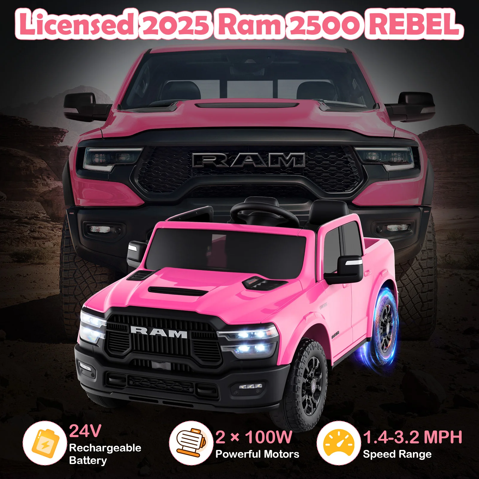2 Seater 24V Ride on Toy for Big Kids Licensed Ram Truck with Remote and Music - Image 6