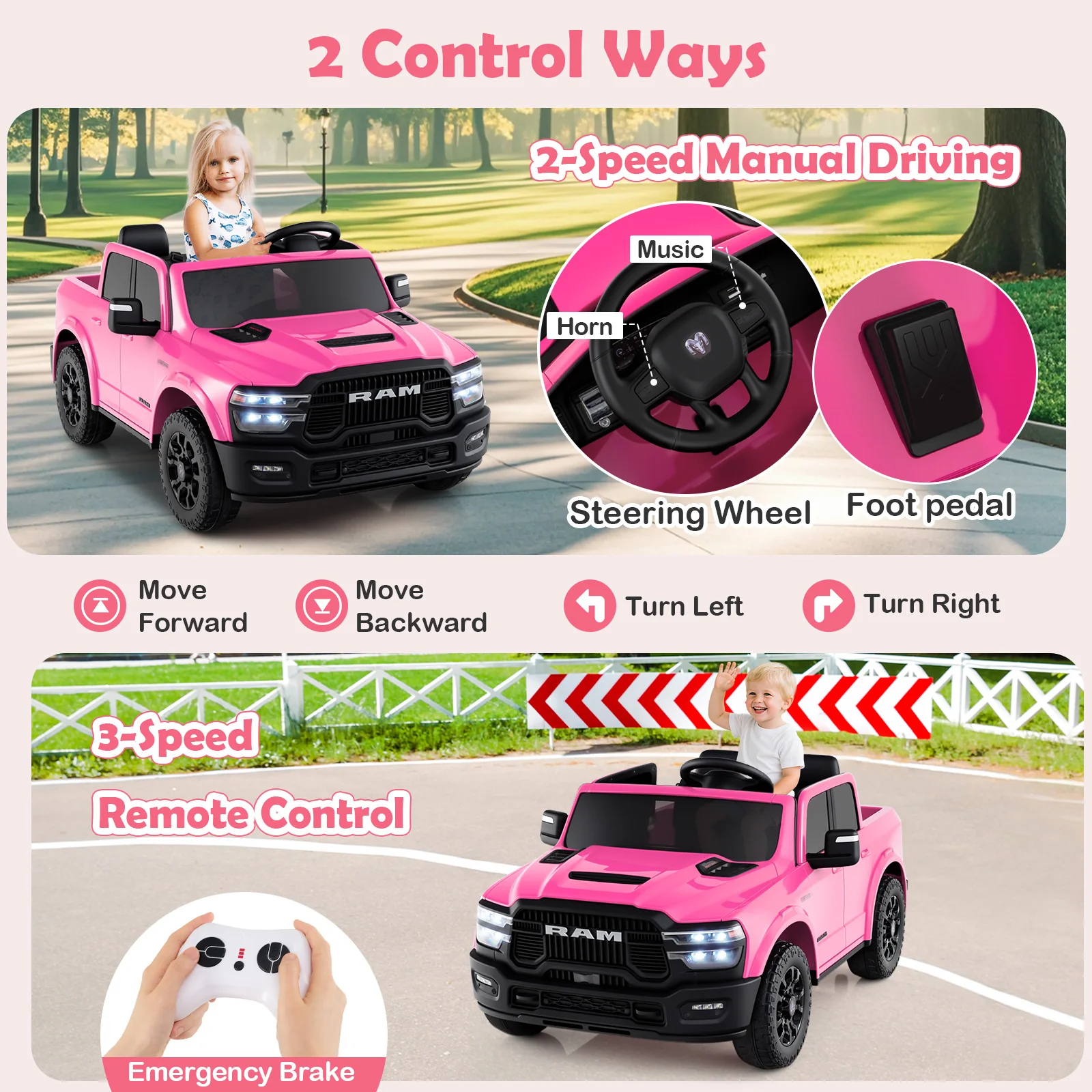 2 Seater 24V Ride on Toy for Big Kids Licensed Ram Truck with Remote and Music - Image 7