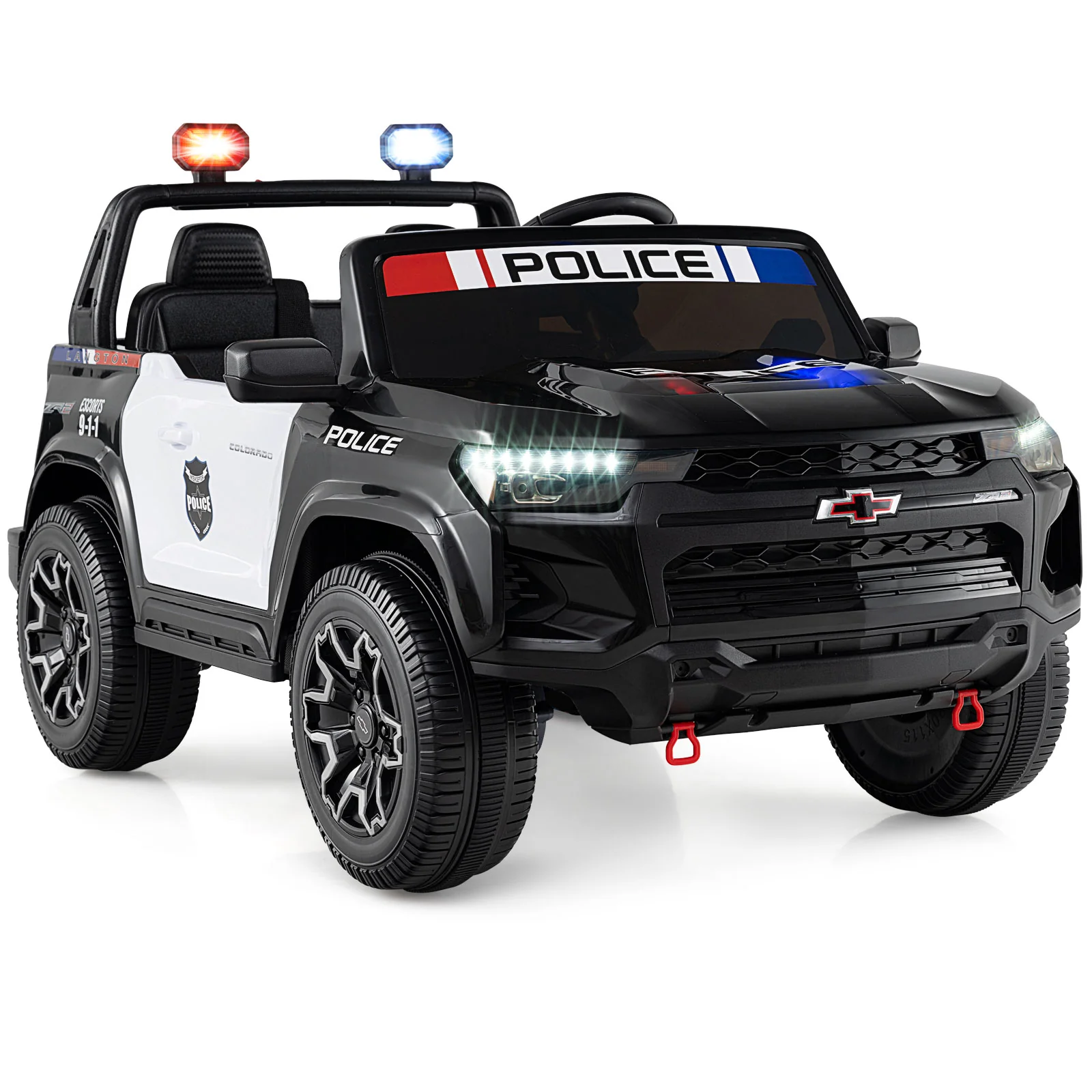 24V 2-Seater Ride on Police Car 4WD Chevrolet with Megaphone and LED Flashing Lights-Black - Image 2