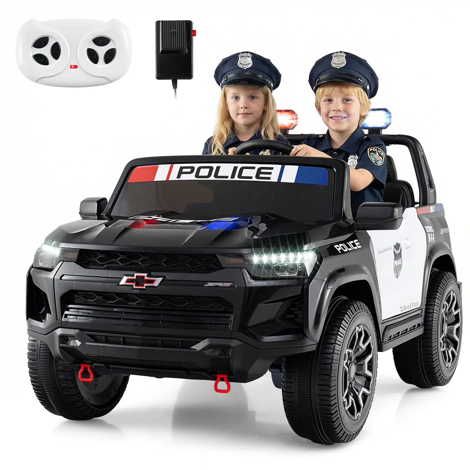 24V 2-Seater Ride on Police Car 4WD Chevrolet with Megaphone and LED Flashing Lights-Black - Image 3