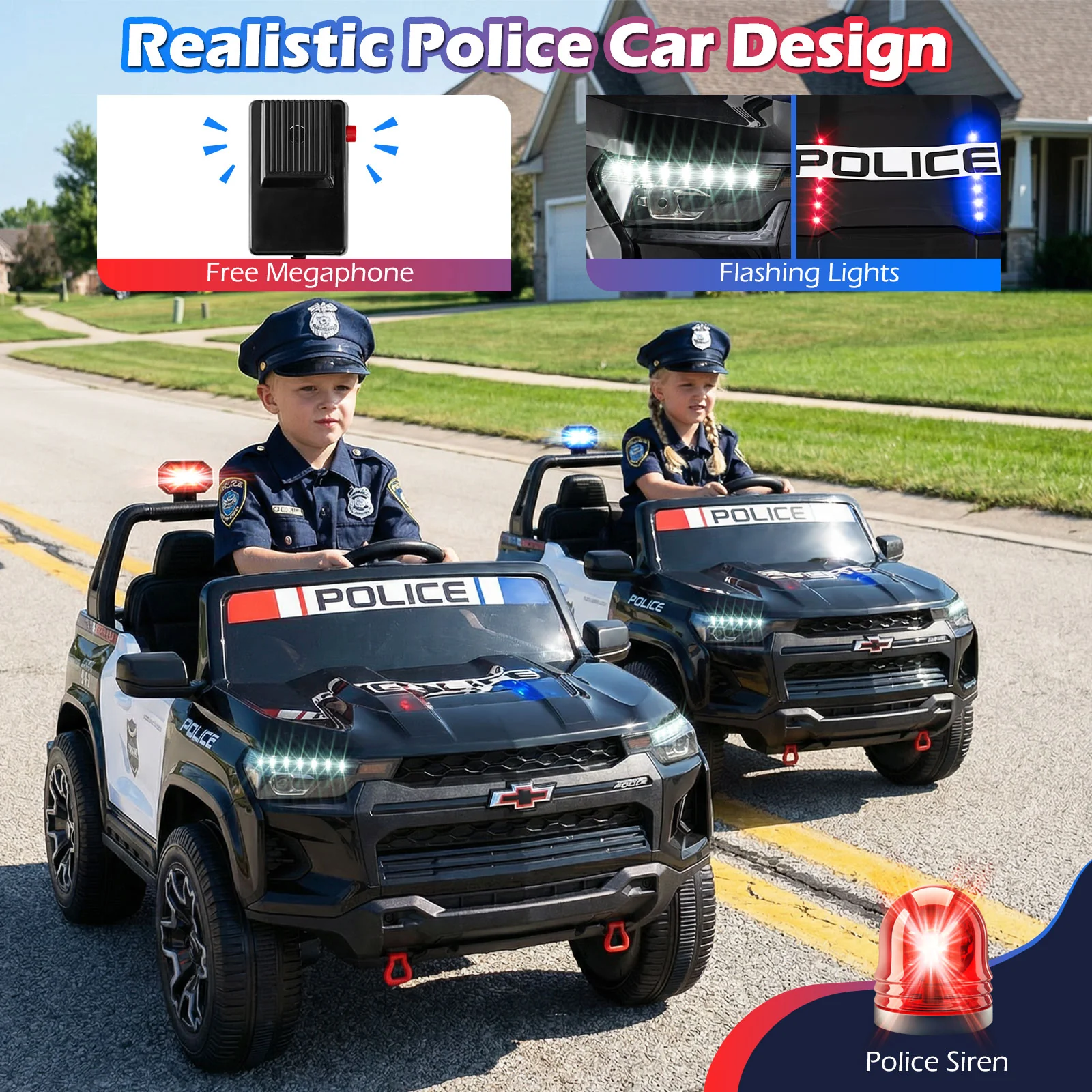 24V 2-Seater Ride on Police Car 4WD Chevrolet with Megaphone and LED Flashing Lights-Black - Image 6
