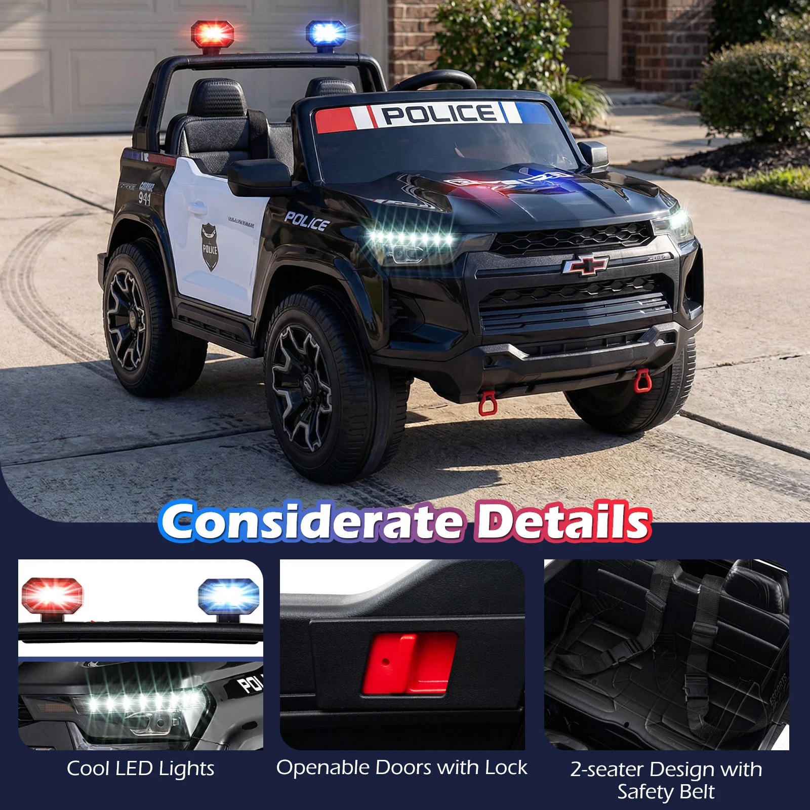 24V 2-Seater Ride on Police Car 4WD Chevrolet with Megaphone and LED Flashing Lights-Black - Image 7