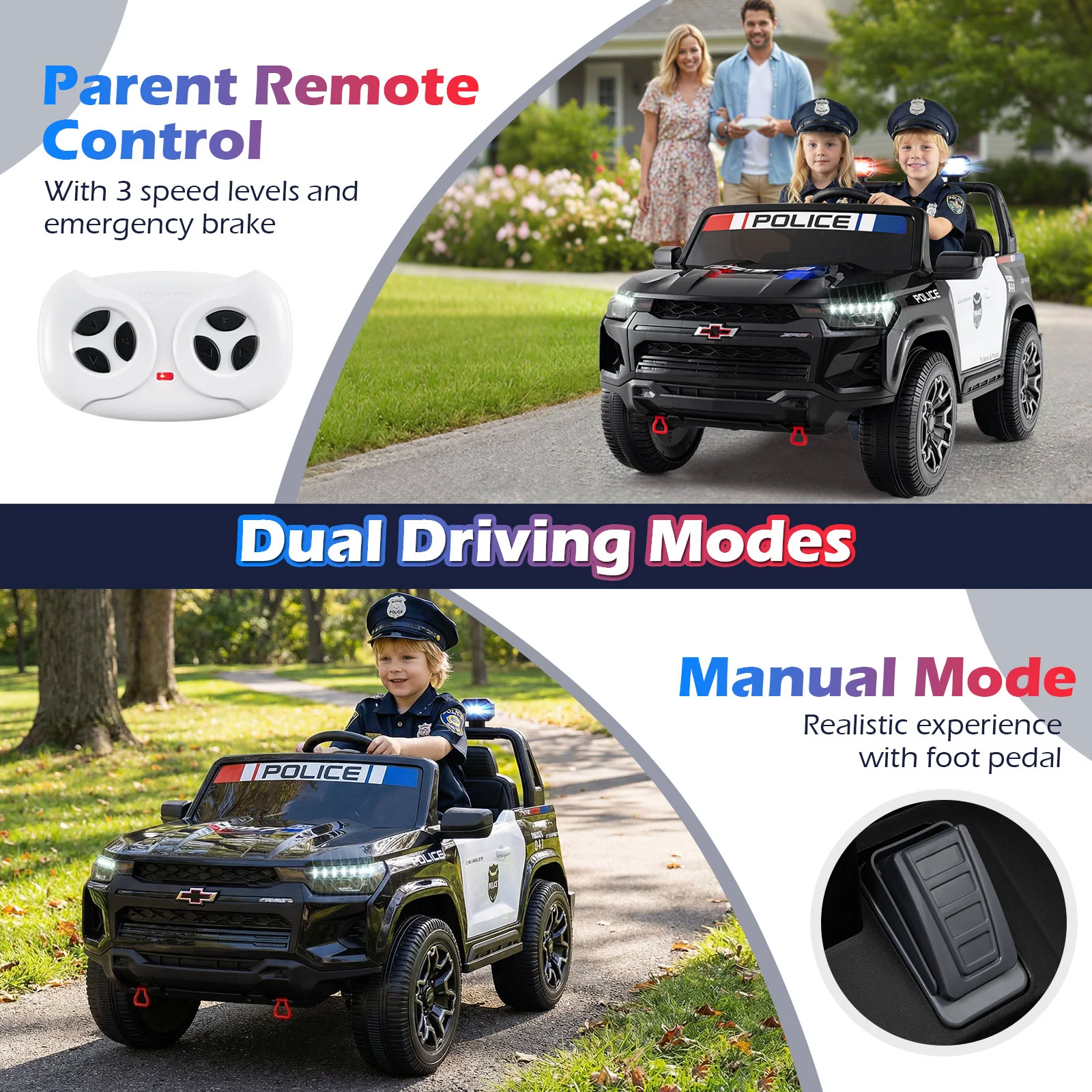 24V 2-Seater Ride on Police Car 4WD Chevrolet with Megaphone and LED Flashing Lights-Black - Image 8