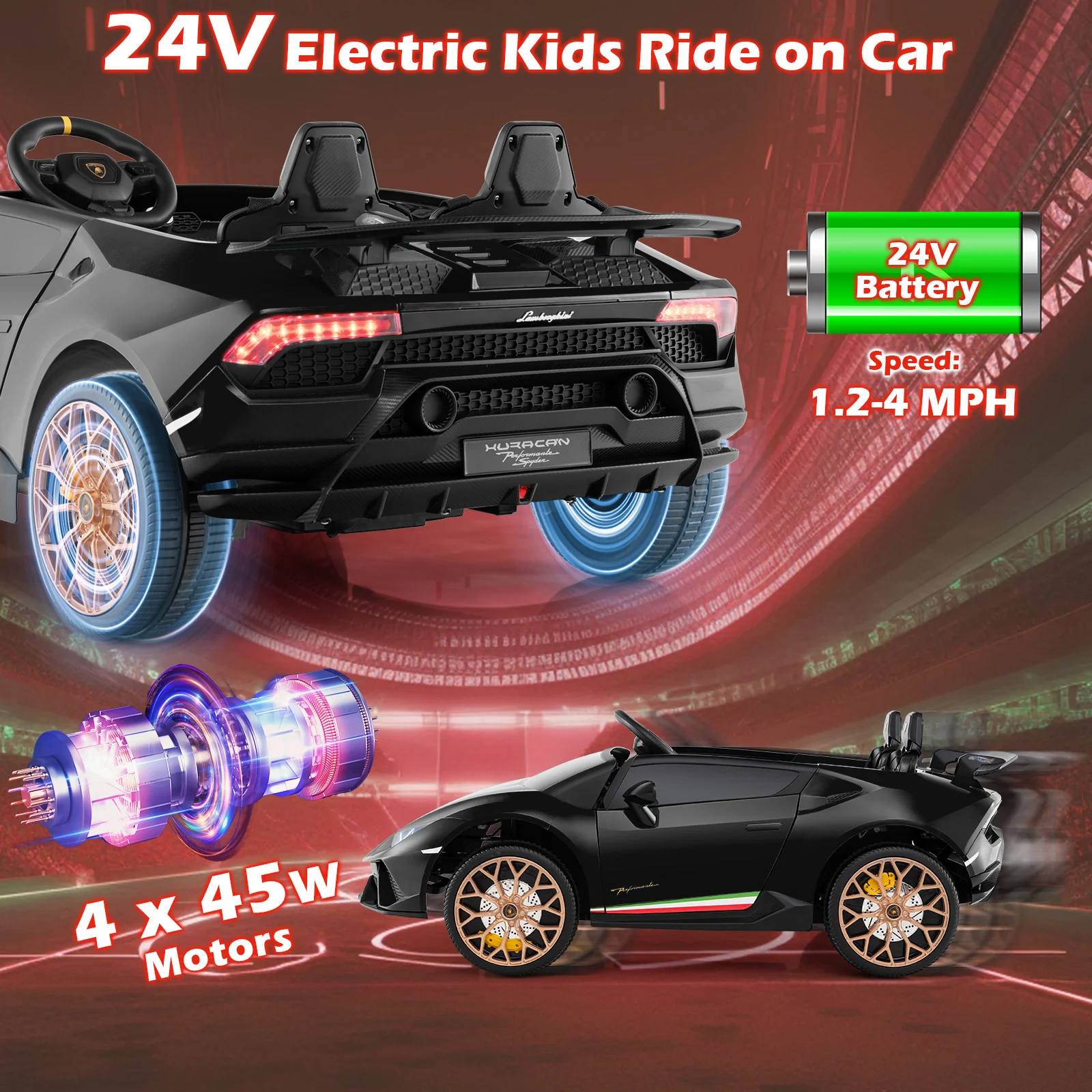 24V Ride-on Car for Kids 4WD 2-Seater Licensed Lamborghini Electric Vehicles with Music - Image 7