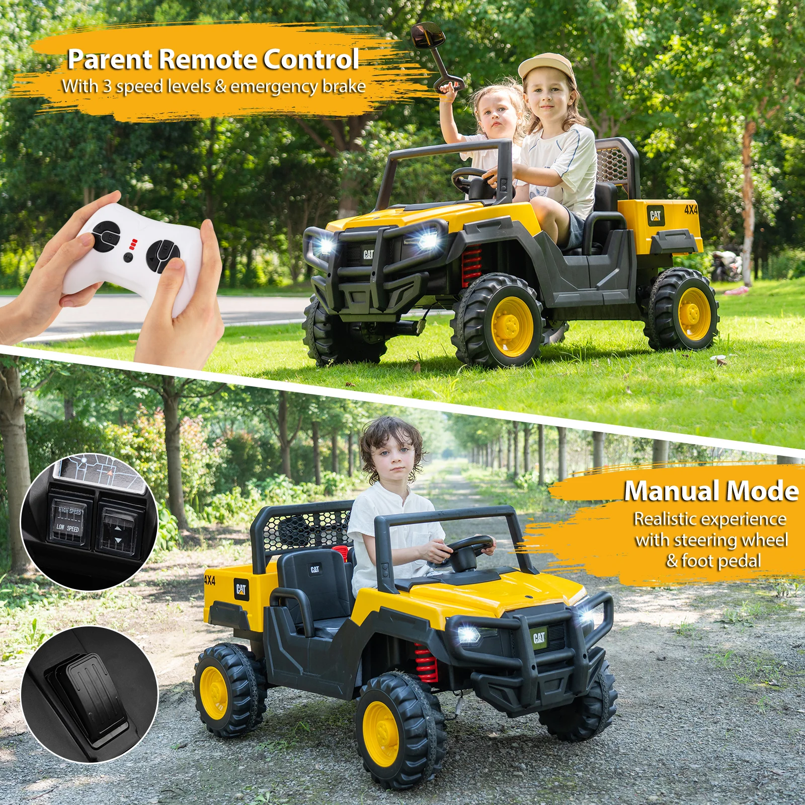 24V Ride On Dump Truck Licensed Caterpillar 2-Seater Kids Car with Remote Control-Yellow - Image 6