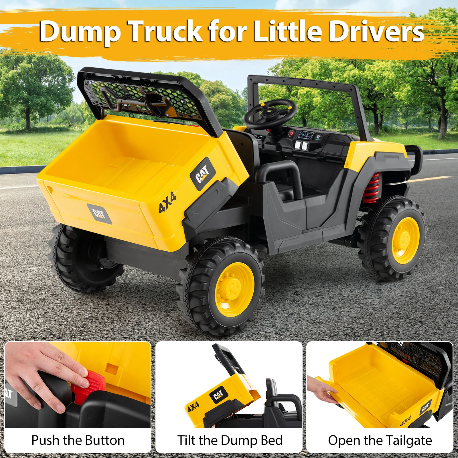 24V Ride On Dump Truck Licensed Caterpillar 2-Seater Kids Car with Remote Control-Yellow - Image 7
