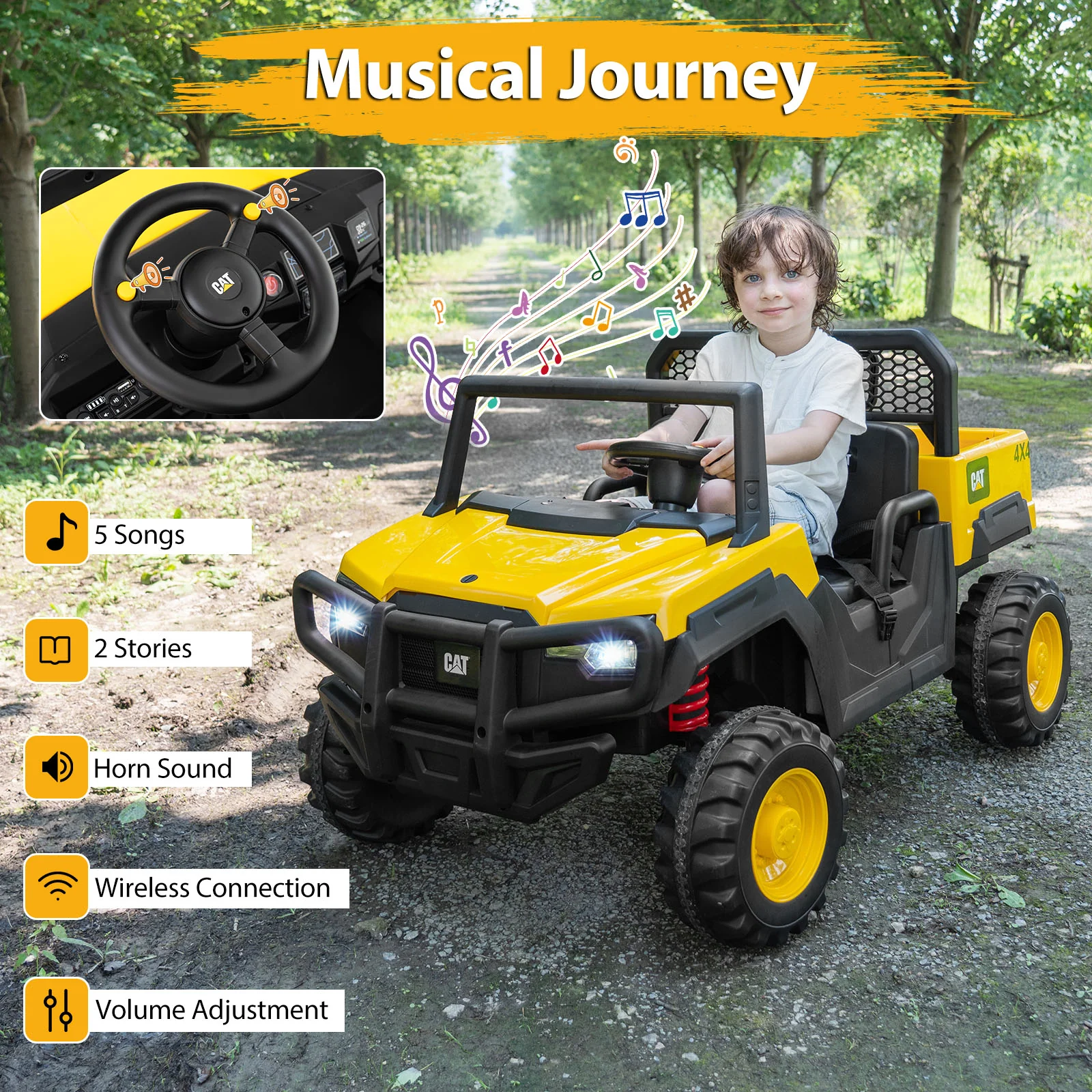 24V Ride On Dump Truck Licensed Caterpillar 2-Seater Kids Car with Remote Control-Yellow - Image 8