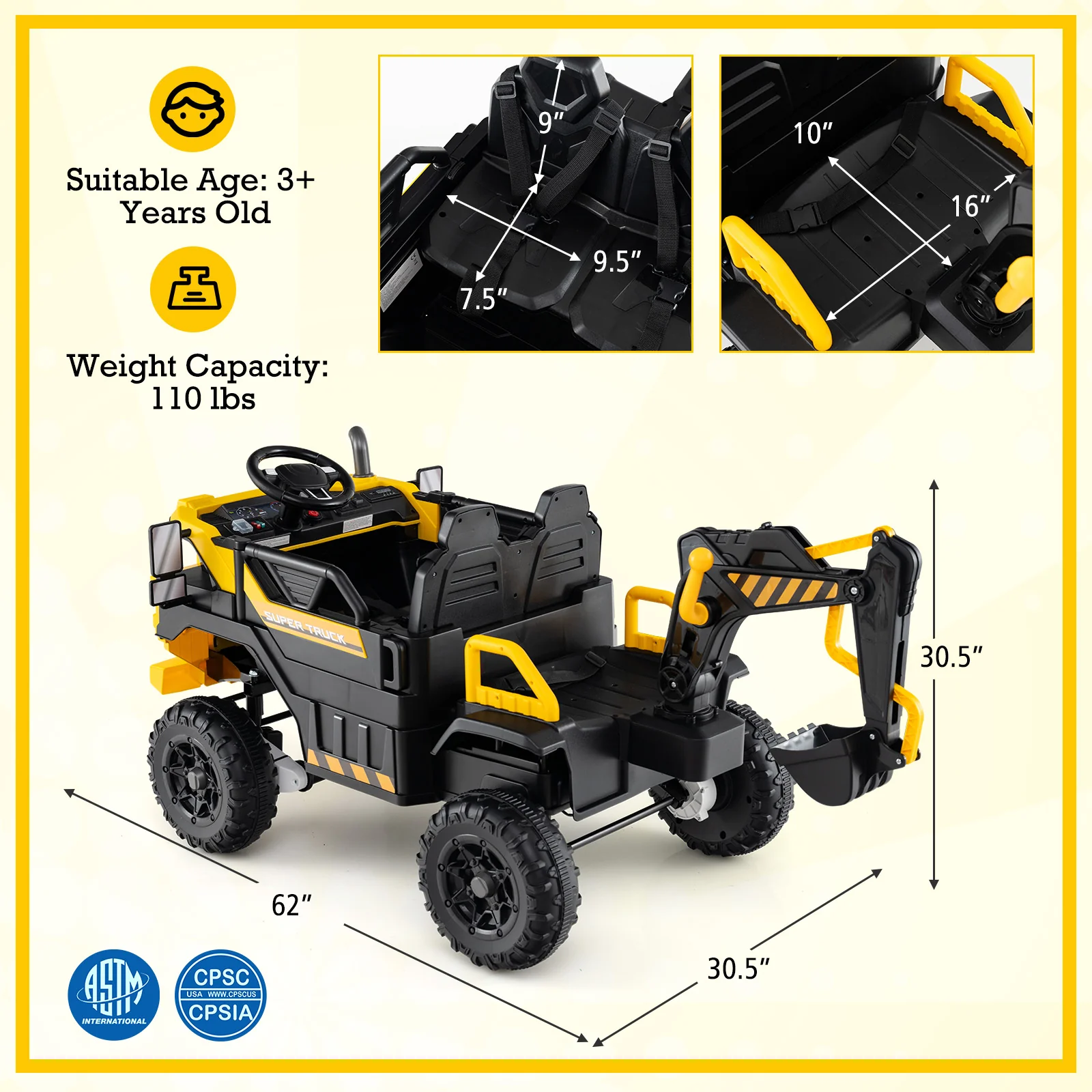 24V Ride On Excavator 4WD 2-Seater with Remote Control and Digging Arm-Yellow - Image 4